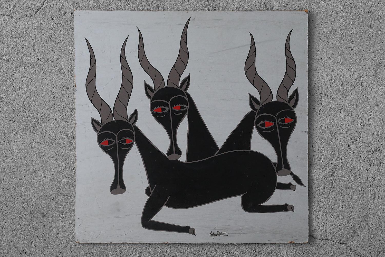 Arte popolare Salum Mussa, Composizione della scuola africana Tingatinga, Olio su tavola, anni '70 in vendita