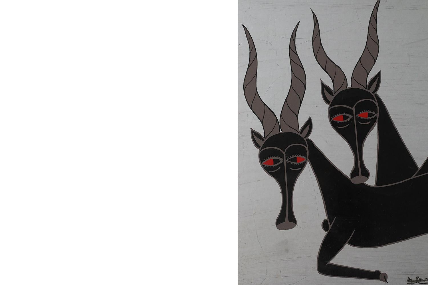 Afrikanische Tingatinga-Schule-Komposition von Salum Mussa, Öl auf Karton, 1970er Jahre (Tansanisch) im Angebot