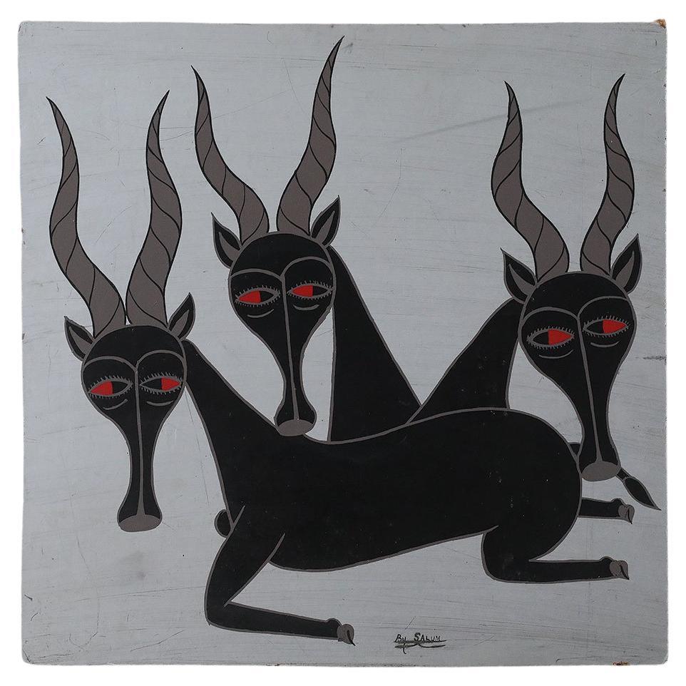 Afrikanische Tingatinga-Schule-Komposition von Salum Mussa, Öl auf Karton, 1970er Jahre im Angebot