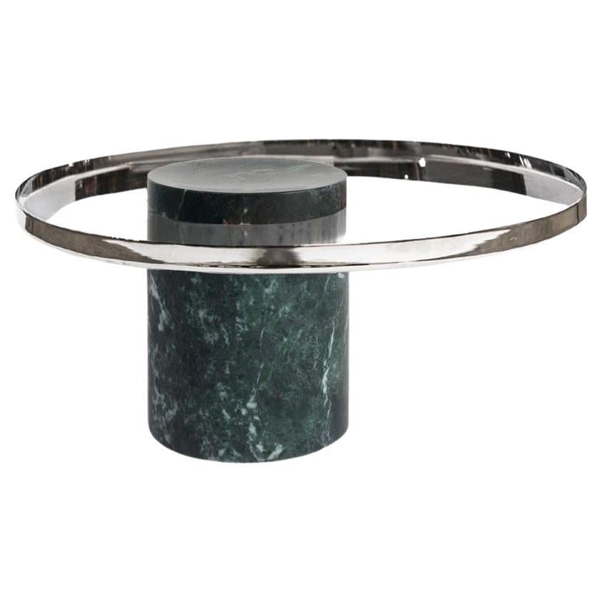Salute Table Green Marble Column Polished Steel Tray by La Chance