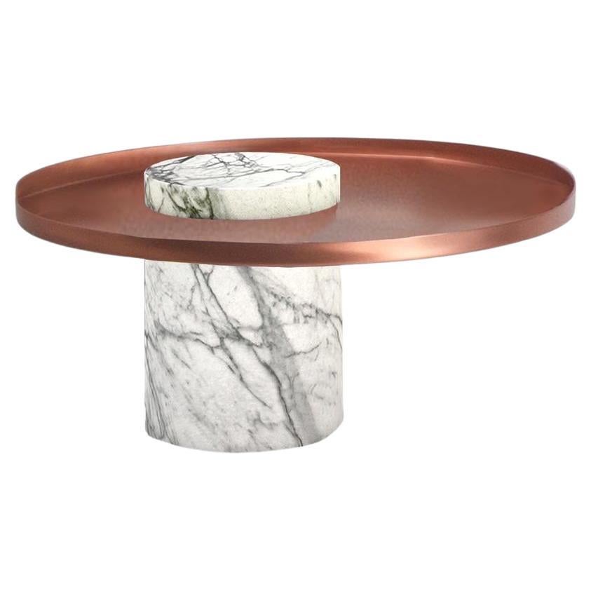 Salute Tisch, weißer Marmor, Säulentablett, Kupfertablett von La Chance im Angebot