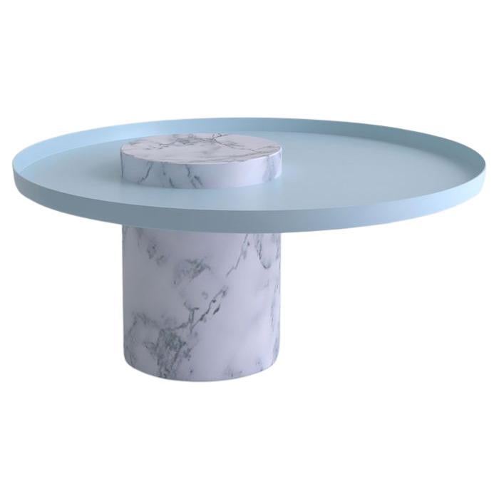 Salute Tisch Weißer Marmorsäulentisch Hellblaues Tablett von La Chance im Angebot