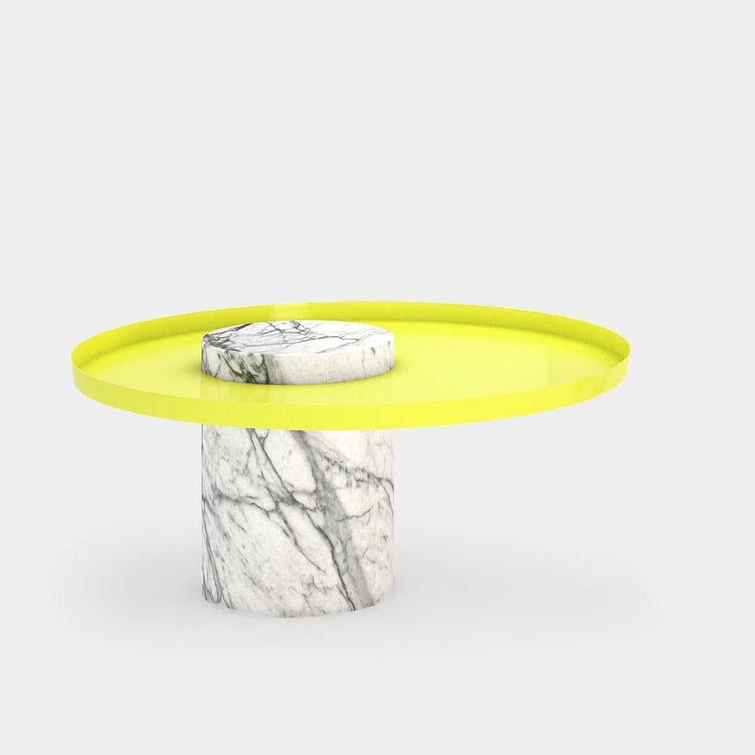 Salute Table White Marble Column Yellow Tray by La Chance For Sale
