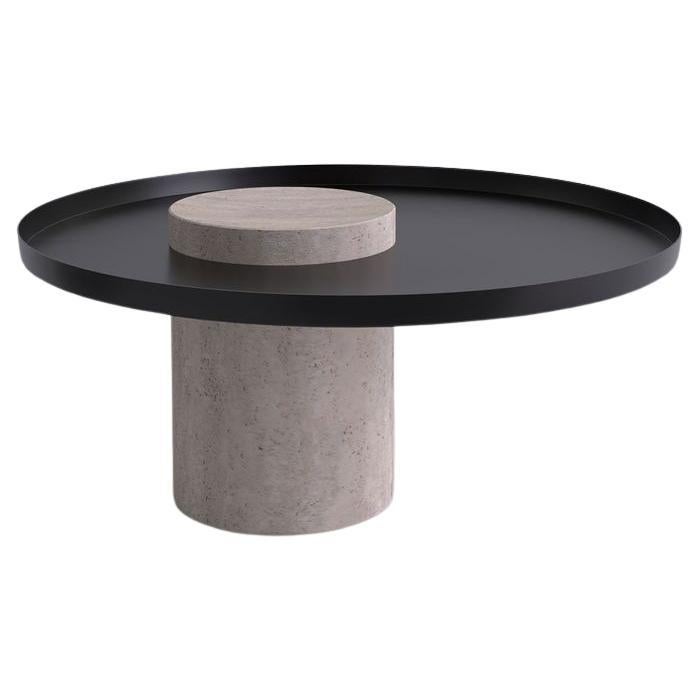 Table Salute avec colonne en travertin blanc et plateau noir par La Chance