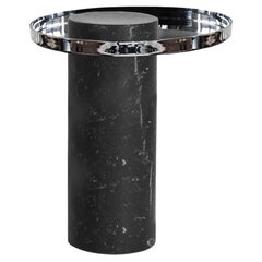 Salute Table Black Marble Column Polished Steel Tray by La Chance