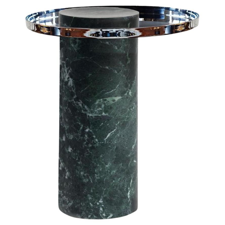 Salute Table Green Marble Column Polished Steel Tray by La Chance For Sale