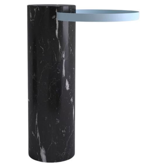 Salute Table 57hcm Black Marble Column Light Blue Tray By La Chance For Sale