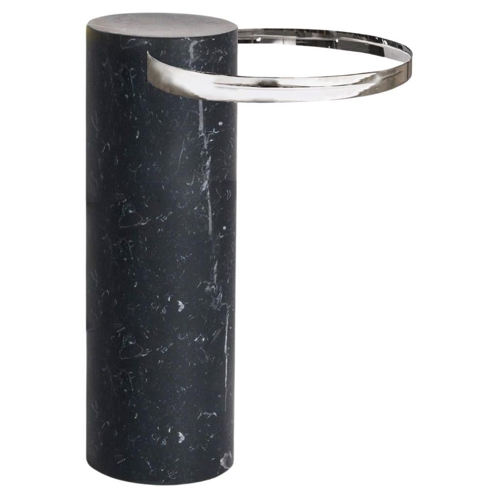 Salute Table 57hcm Black Marble Column Polished Steel Tray By La Chance For Sale