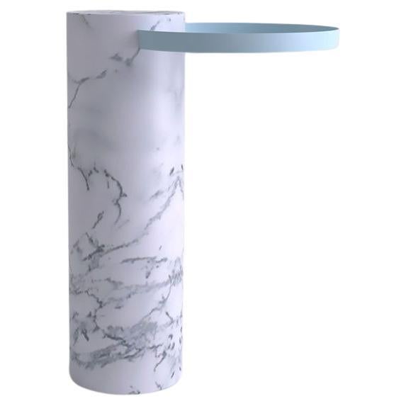 Salute Table 57hcm White Marble Column Light Blue Tray By La Chance For Sale
