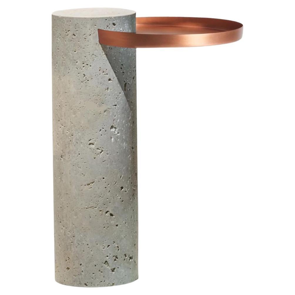 Salute Table 57hcm White Travertin Column Copper Tray by La Chance