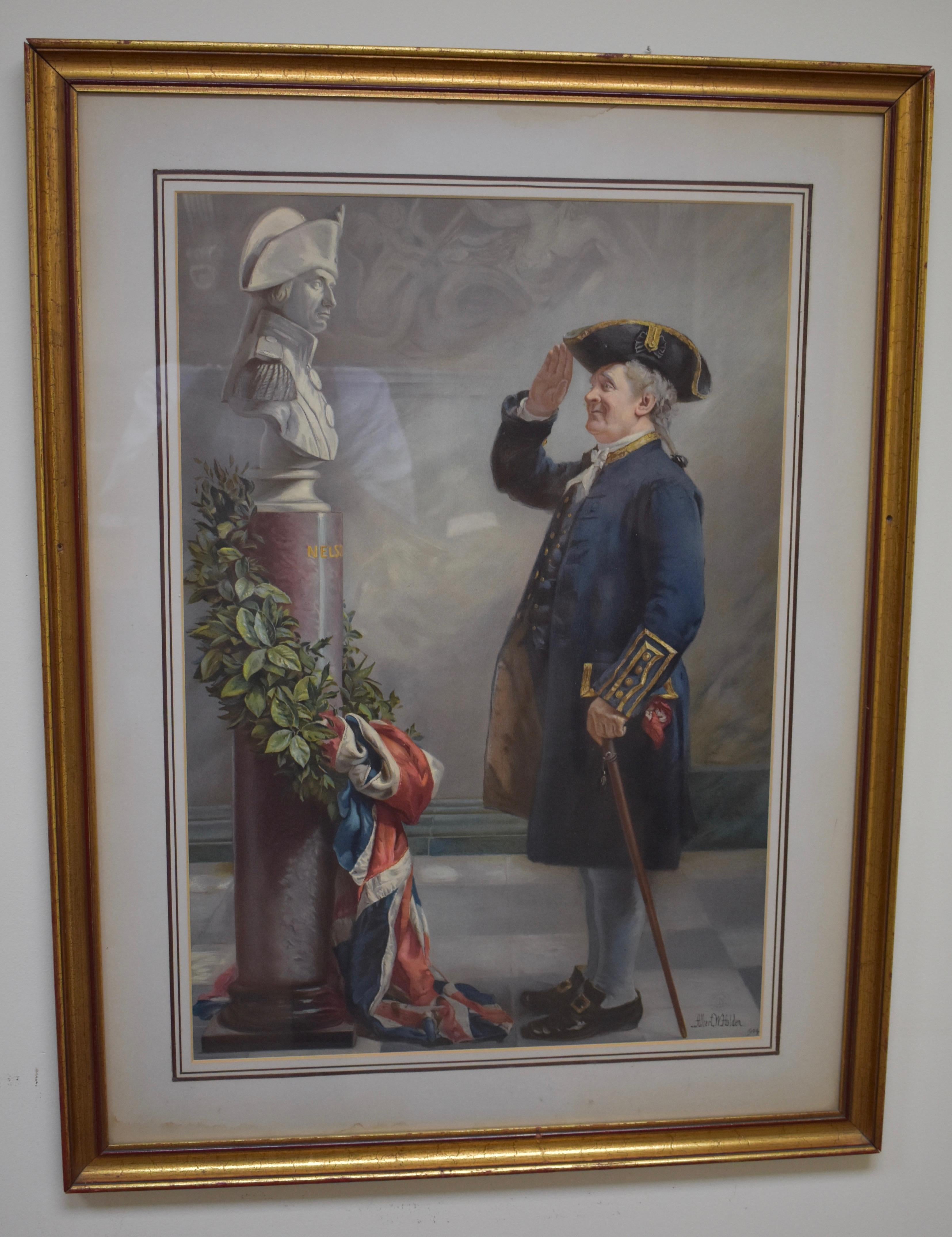 A uniformed Greenwich Pensioner stands in the Painted Hall of the Royal Hospital for Seamen at Greenwich, saluting a bust of Lord Nelson, positioned on a column decorated with a laurel wreath and union flag for Trafalgar Day.
This chromolithograph