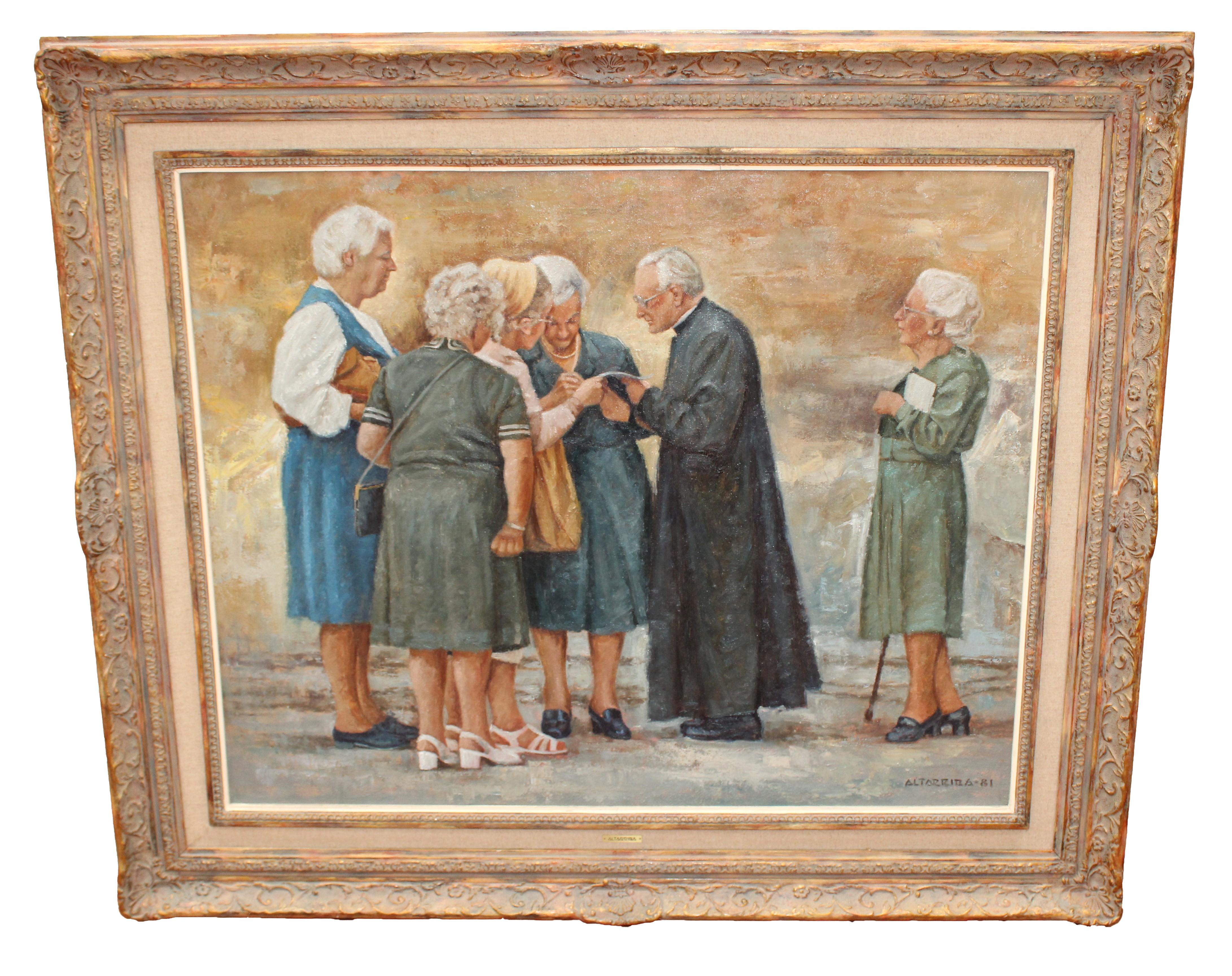 Salvador Altarriba Figurative Painting – Óleo sobre tela - Los consejos del Sacerdote