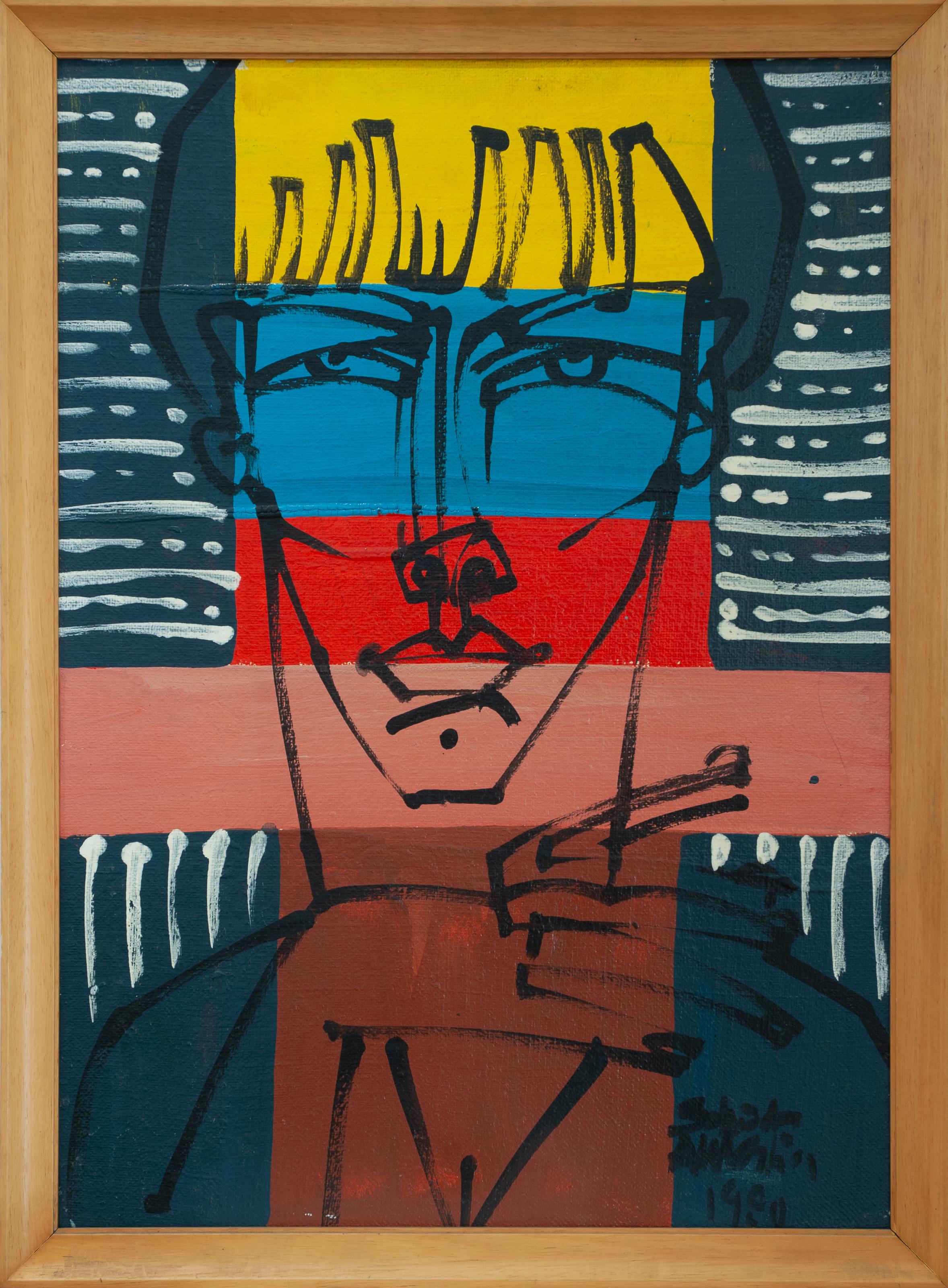 Es handelt sich um ein seltenes Gemälde von Salvador Aulestia (Barcelona 1915 - Mailand 1994) aus seiner dem "Linearismus" gewidmeten Serie mit einer starken Farbpräsenz.
Die Farben reichen von Gelb, Azurblau, Rot und Rose des Kopfes, bis hin zu