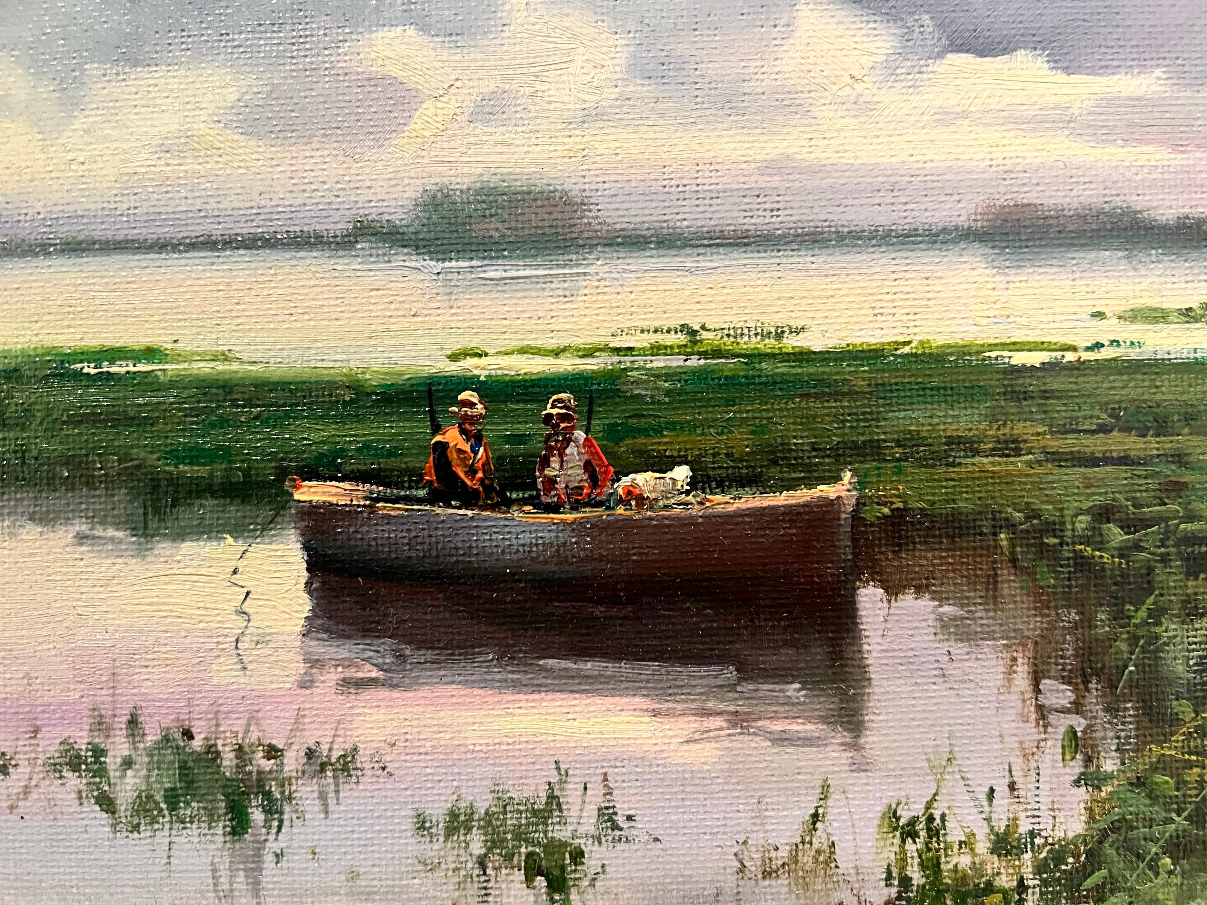 Cazadores Meditano En La Albufera Lago (Hunters Meditating on Albufera Lake) - Impressionist Painting by Salvador Caballero 