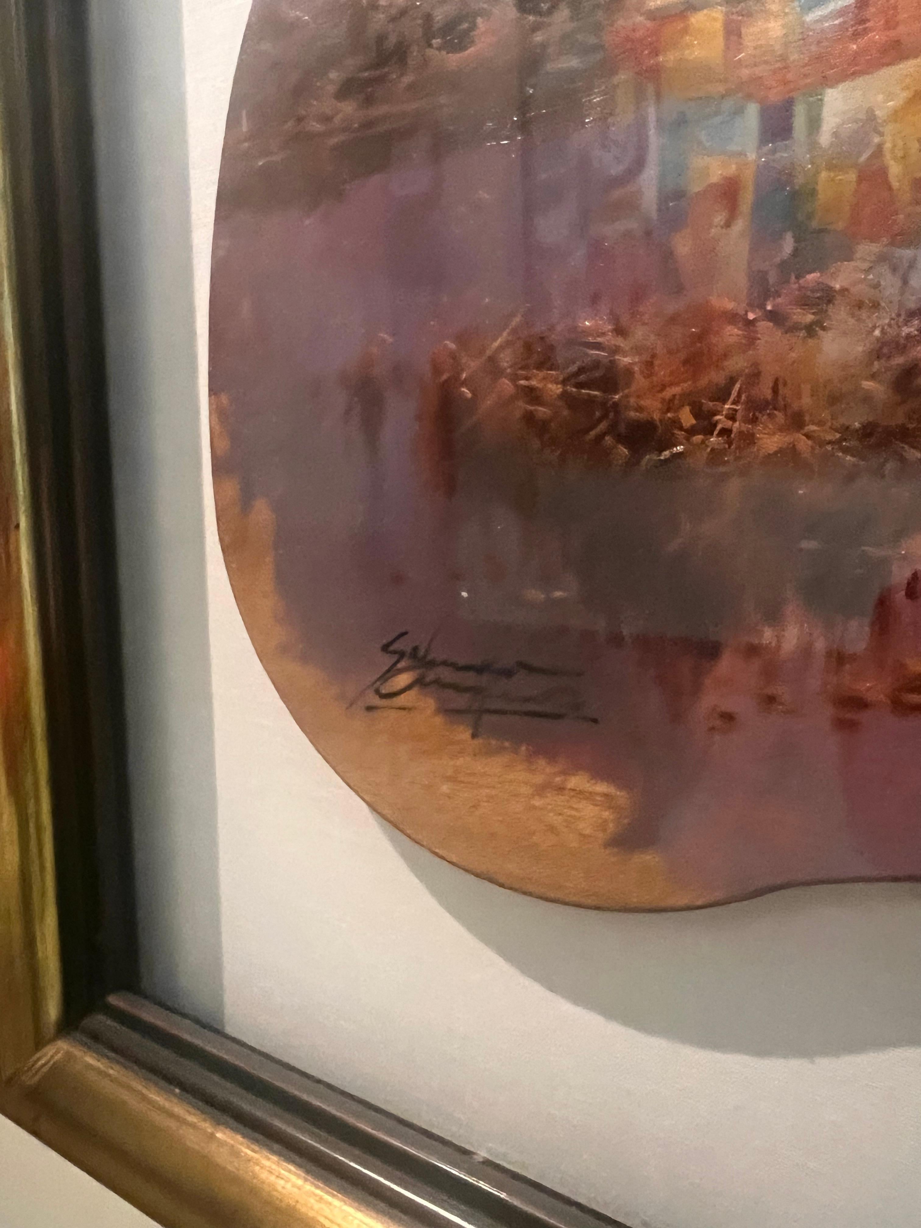 This painting is in excellent condition.  Unique, painted on an artist palette.

Salvador Caballero, (1943 - 2006) was one of many self-taught painters of whom it could be said that painting was in his blood.
In studying the work and life of