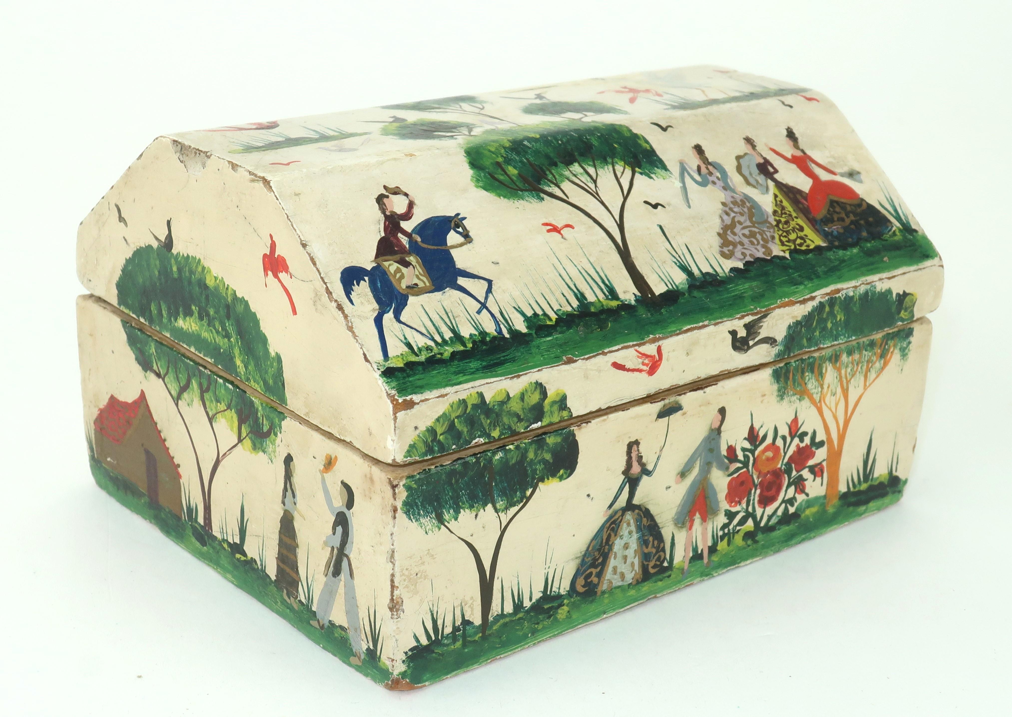 A charming tabletop wood box by self taught Mexican artist, Salvador Corona, who started his career as an artist after suffering a bullfight injury in the early 1900's. He gained a reputation for creating countryside scenes depicting life in Mexico