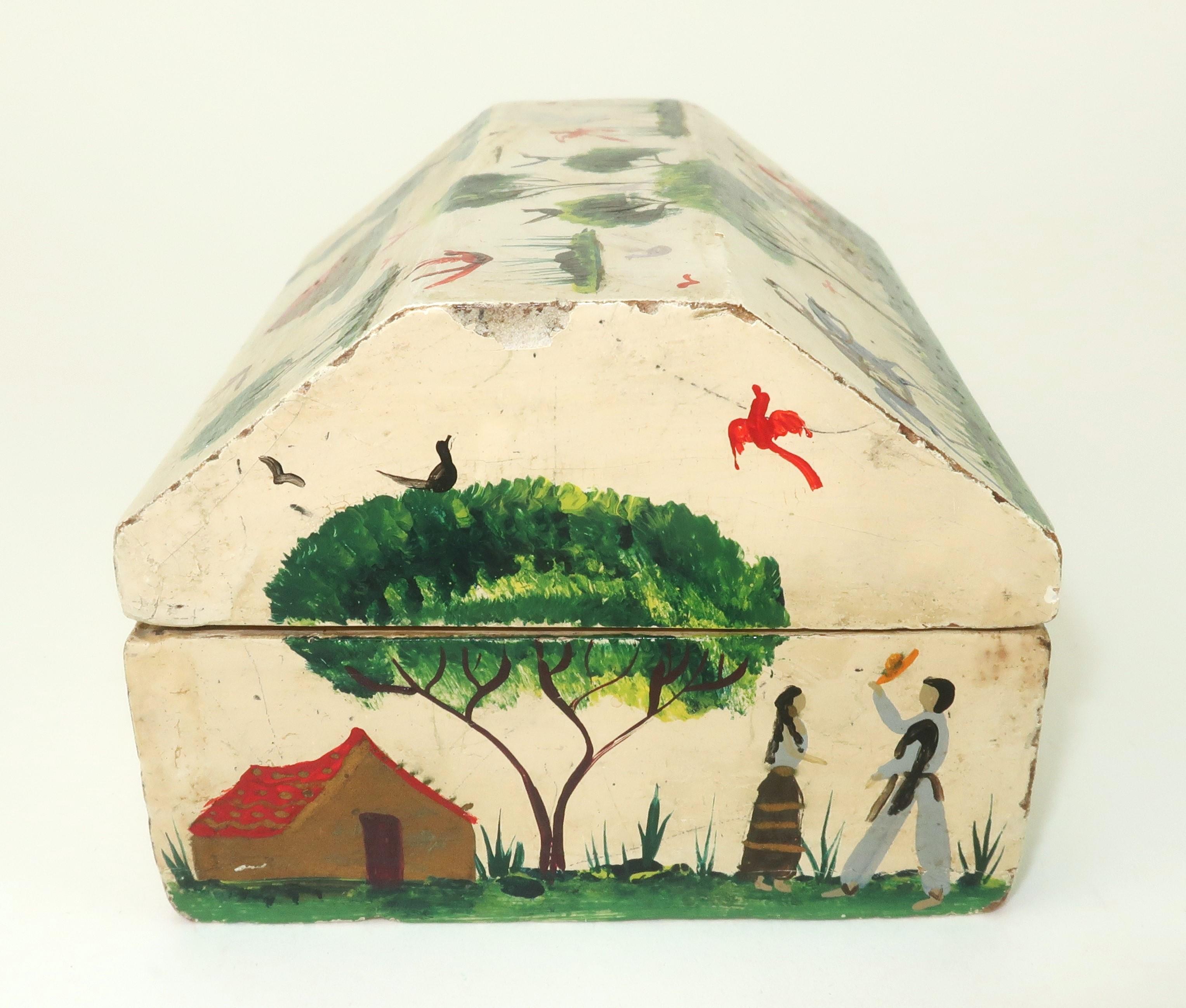 Salvador Corona Hand Painted Mexican Folk Art Wood Box, C.1930 4