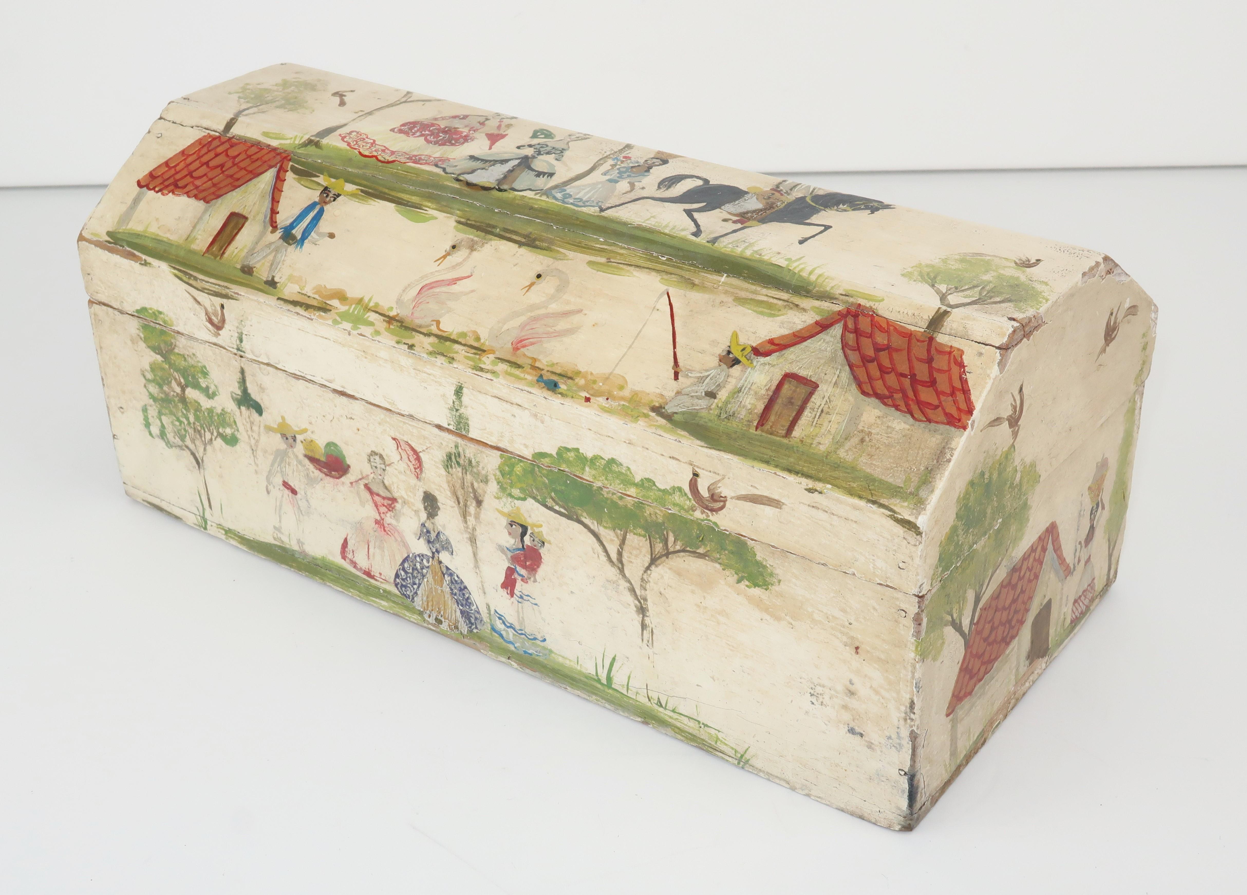 This charming tabletop wood box is the work of self taught Mexican artist Salvador Corona who stared his career as an artist after suffering a bullfight injury in the early 1900's. He gained a reputation for creating countryside scenes depicting