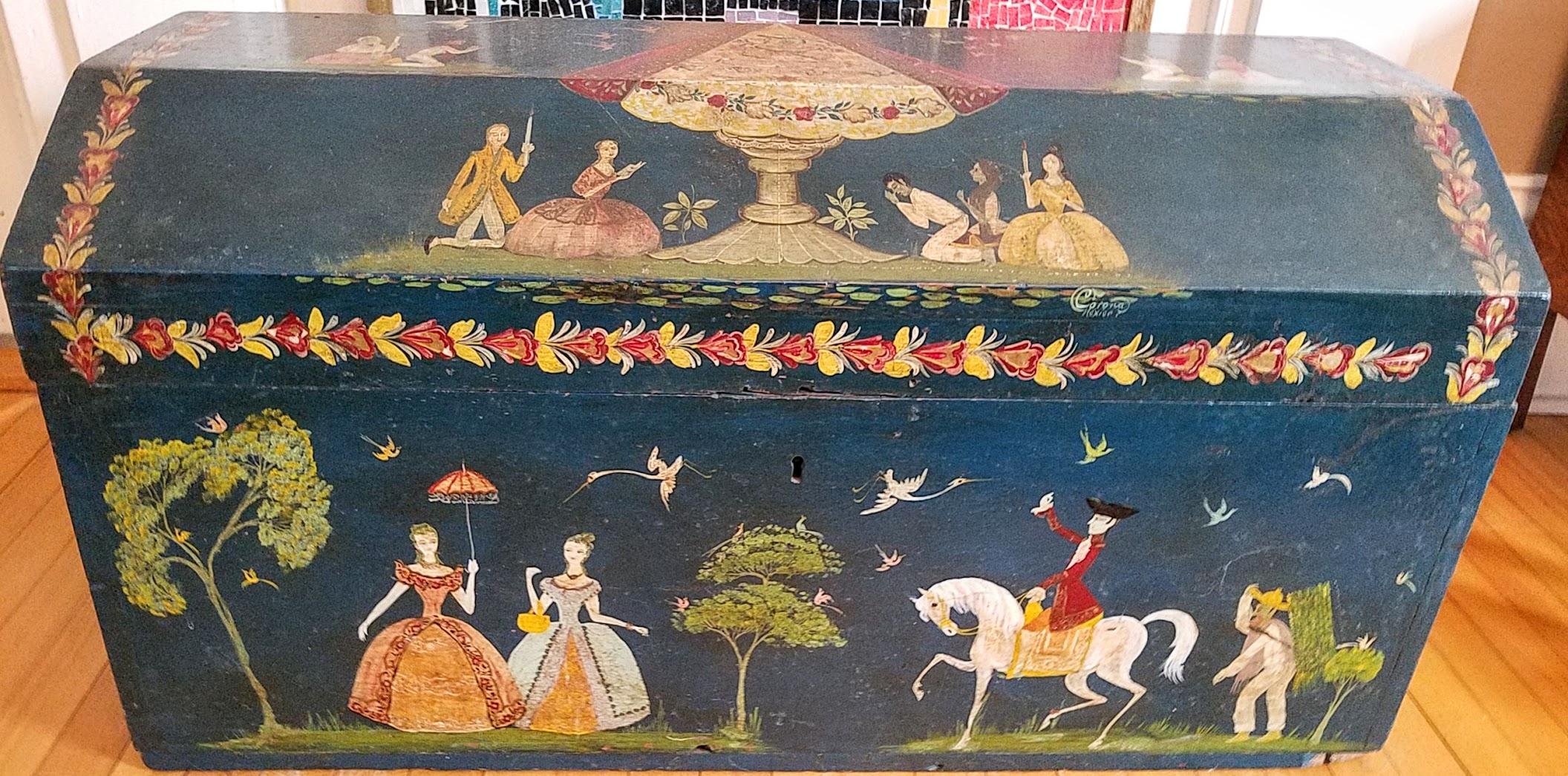 Salvador Carona (1895 - 1984) painted blanket or wedding chest hand crafted in Mexico, in the late 1930s.
This was the property of the daughter of one of Mexico's wealthiest families of the period, who married the head of an international railroad
