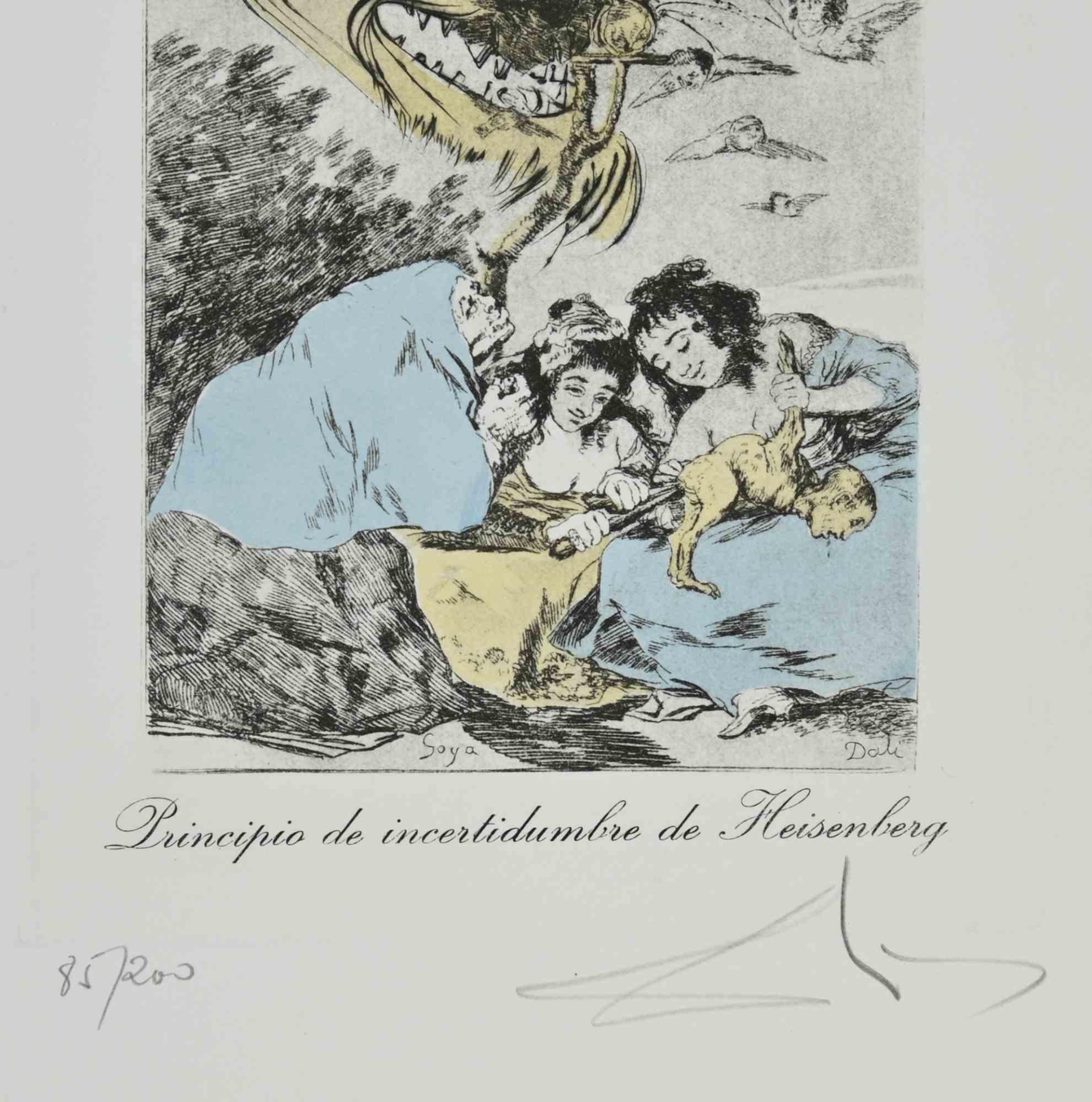 Principio de Incertidumbre de Heisenberg - Etching, Drypoint and Pochoir  - 1977 - Print by Salvador Dalì and Francisco Goya