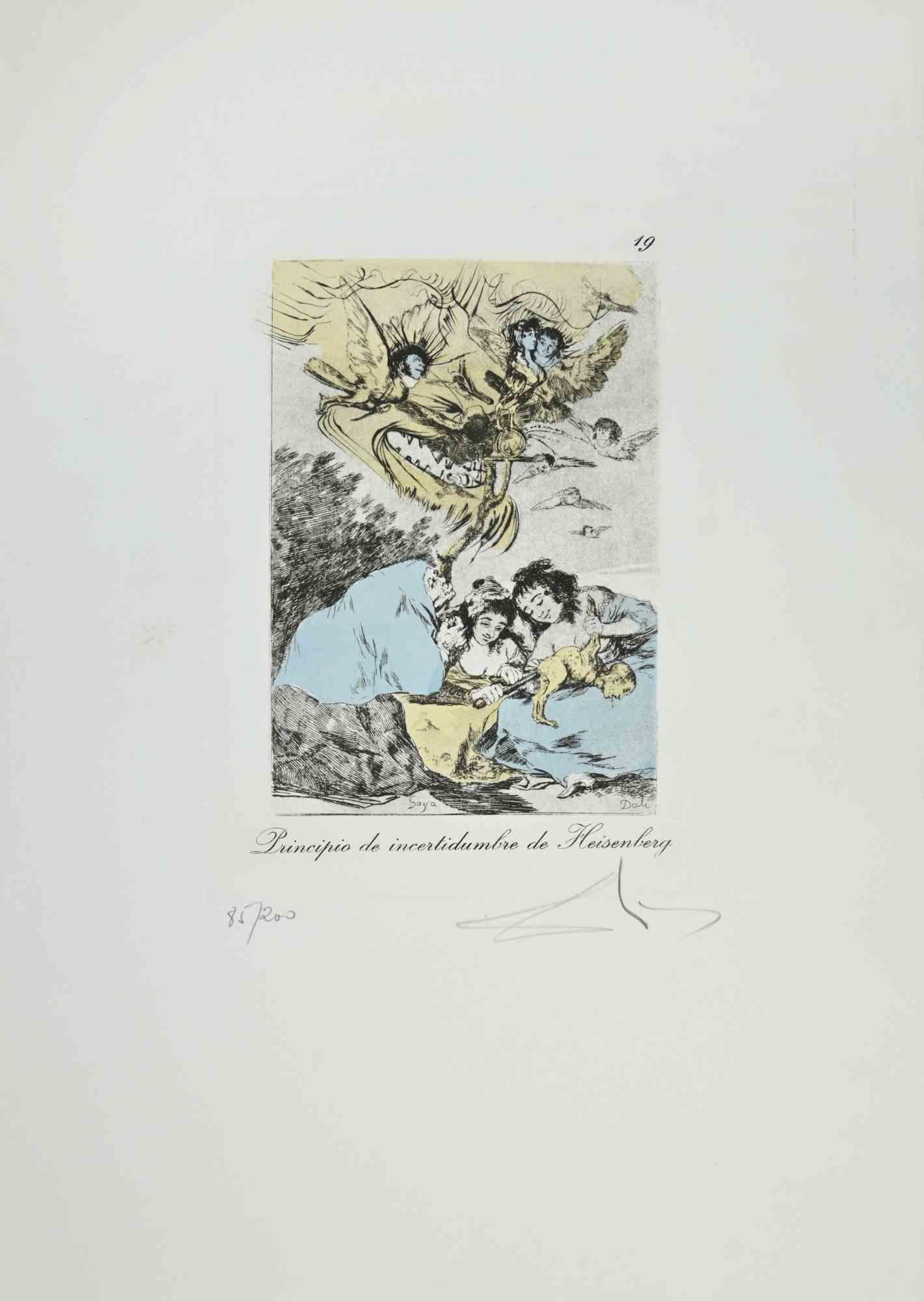 Figurative Print Salvador Dalì and Francisco Goya - Principio de Incertidumbre de Heisenberg - Gravure, pointe sèche et pochoir  - 1977