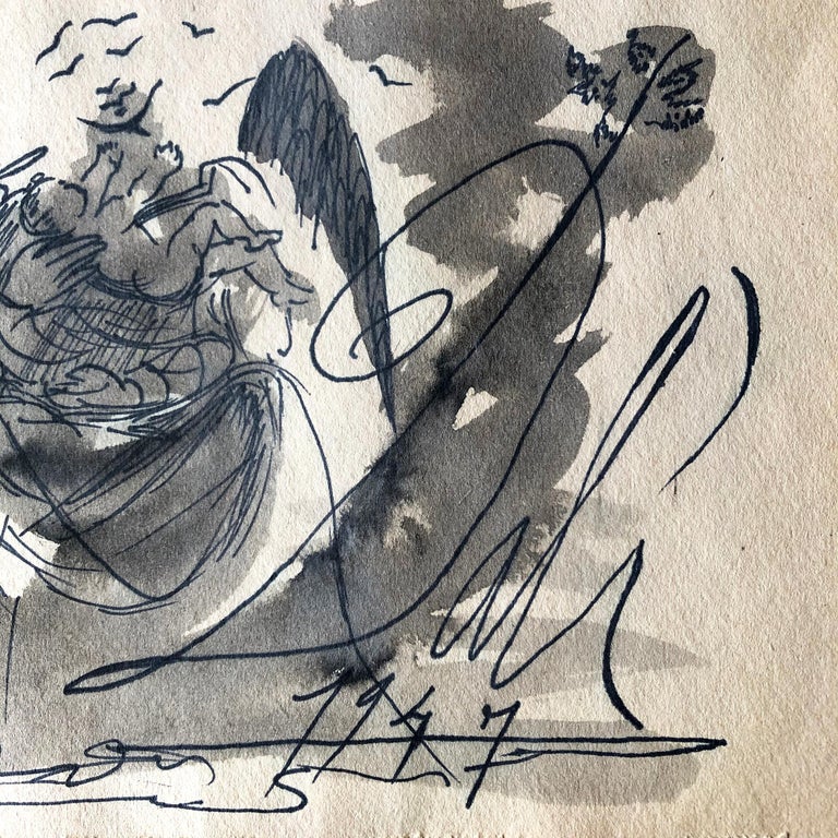 French Salvador Dali 1947 Angel with Child Ink and Wash Drawing For Sale