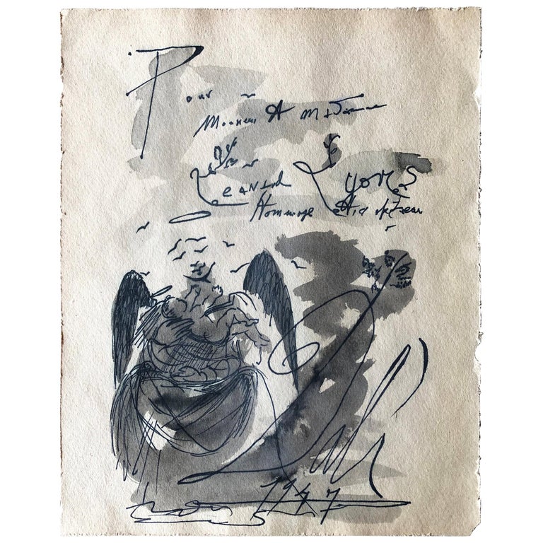 Salvador Dali 1947 Angel with Child Ink and Wash Drawing For Sale