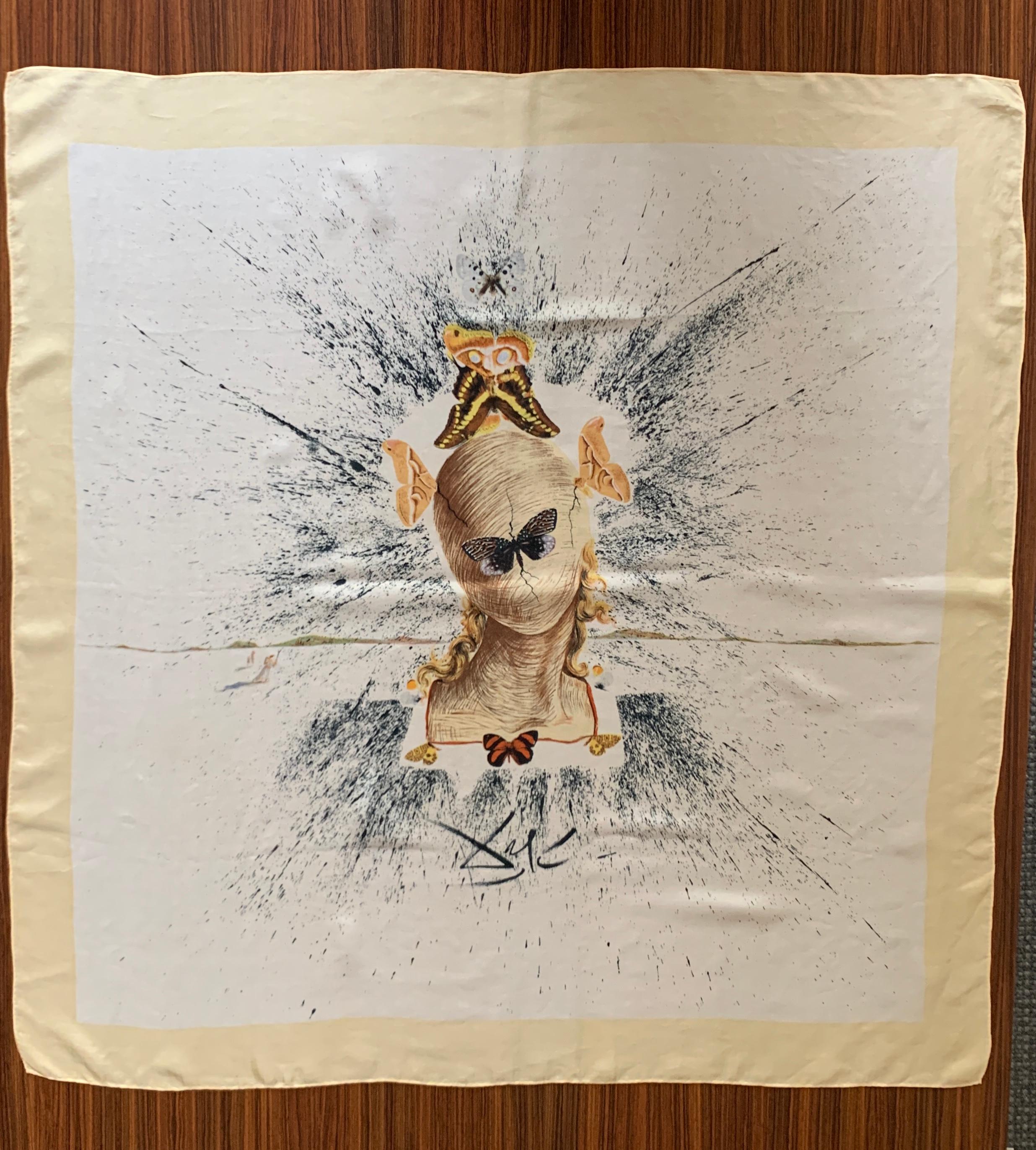 Amazing Salvador Dali silk scarf, designed for attendees of the International Silk Convention in 1957. Delicate silk features a surrealistic image of woman's head that has been wrapped in threads by a group of orange, gold, and grey silk moths,