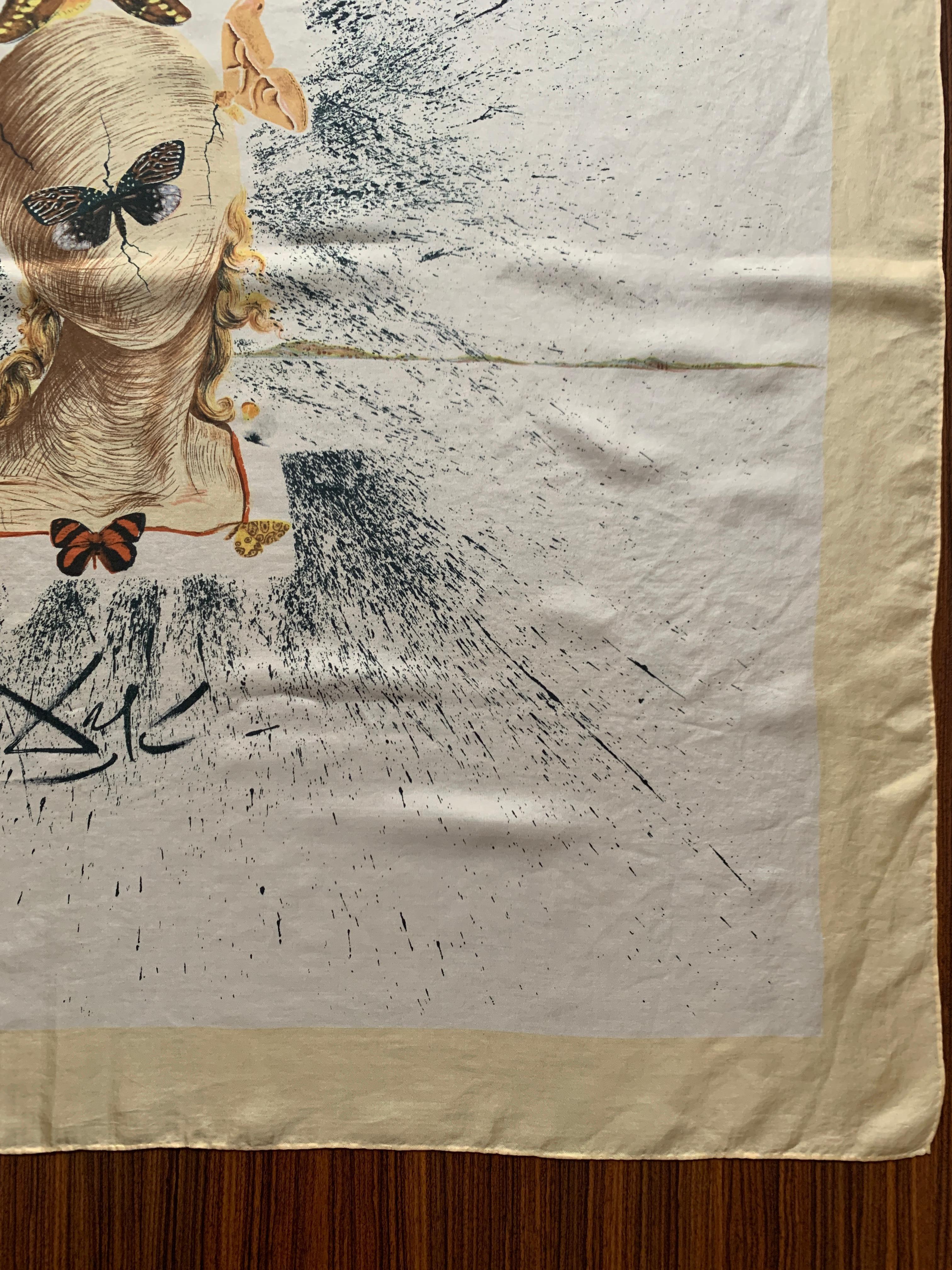Beige Salvador Dali 1950s Surrealist Silk Moth Scarf  For Sale