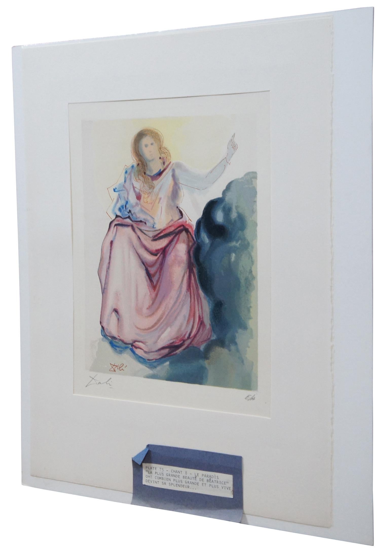 Original woodcut artist’s proof print, pencil signed by Salvador Dali – Plate 75 – Chant/Canto 8 – from Le Paradis (Paradise) – “La Plus Grande Beaute de Beatrice” (The Greatest Beauty of Beatrice) from the “Divine Comedie” series. Original
