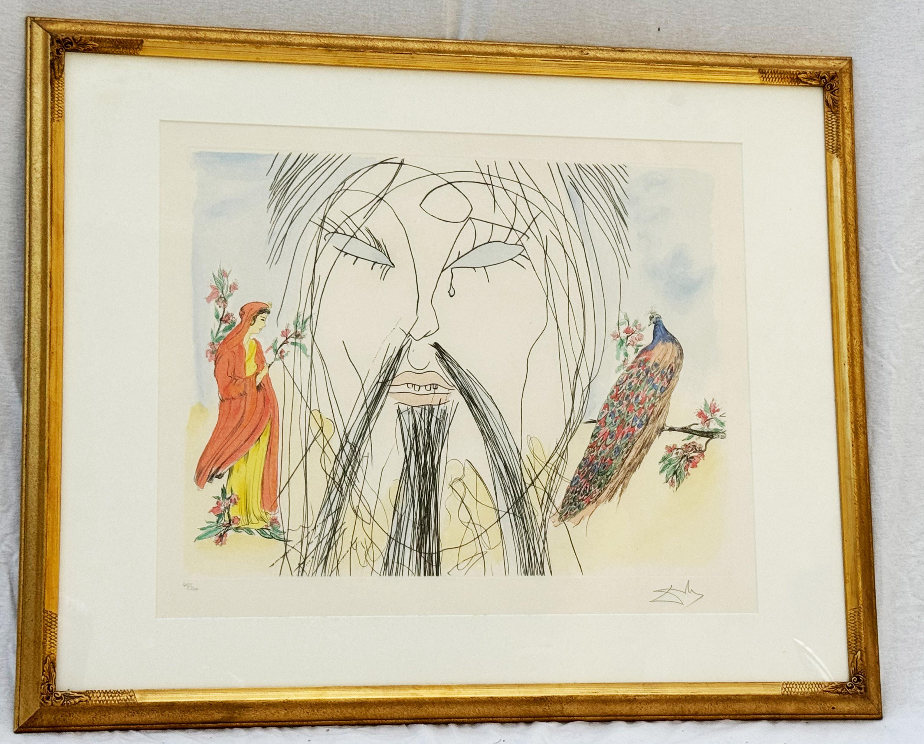 Confucio, firmato a mano: Dalì, numerato: 45/300, puntasecca con pochoir a colori, in parte colorata su carta vergata, dimensioni della lastra di stampa circa 50 x 66 cm, dimensione del foglio smaltato, incorniciato