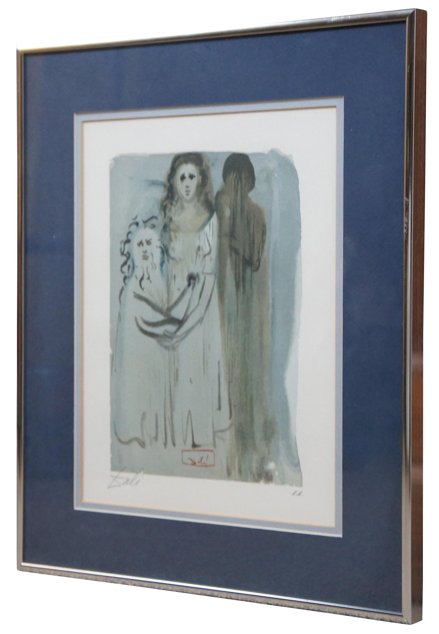Framed original woodcut artist’s proof print, pencil signed by Salvador Dali - Purgatory Canto 16 from the “Divine Comedie” series. Includes certificate of authenticity.

Measures: 14.25” x 0.75” x 17.25” / sans frame - 9” x 12” (width x depth x
