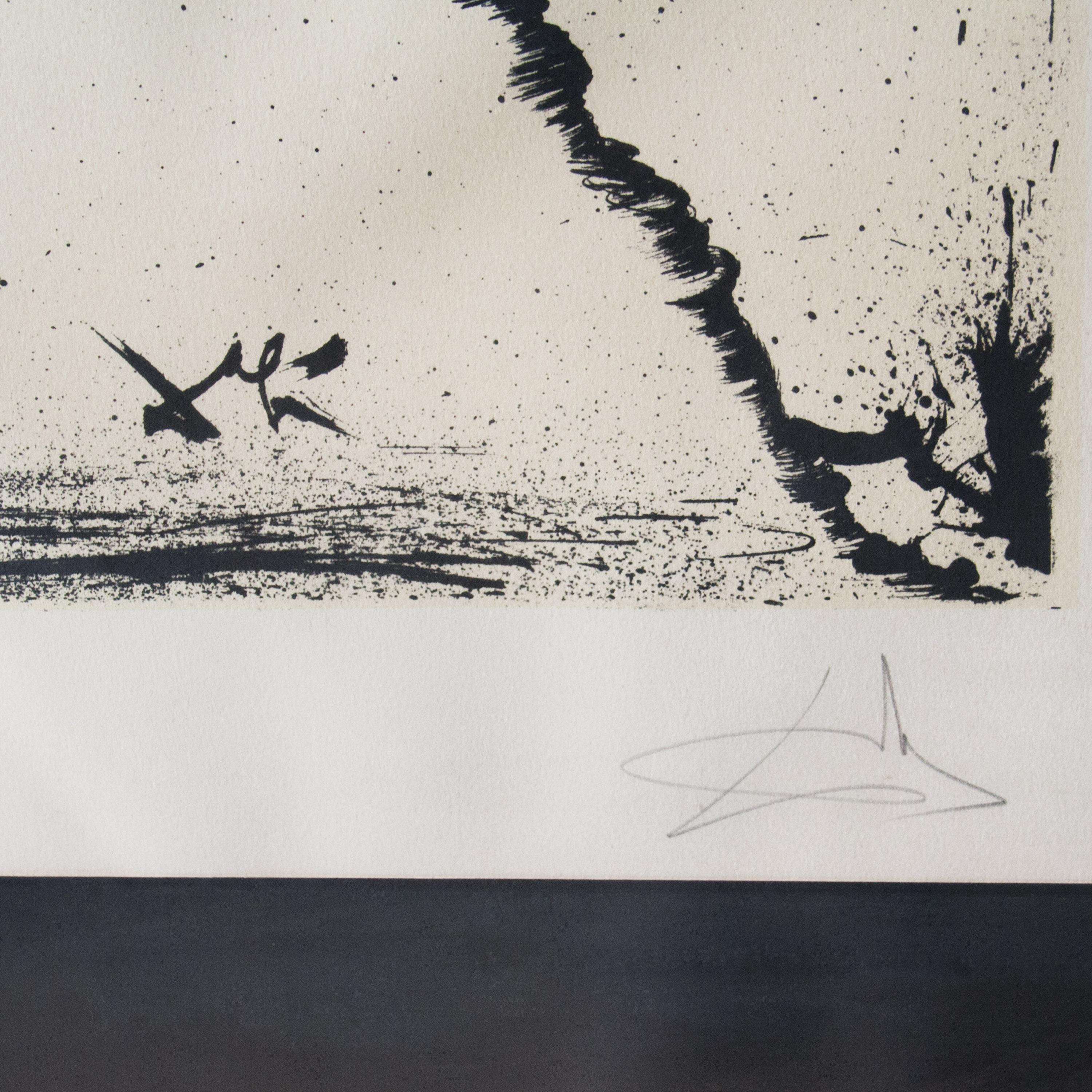 Lithography of famous Spanish character Don Quixote of La Mancha by Salvador Dalí. Numbered (283/300) and signed.
Frame made of wood with gold leaf finish.