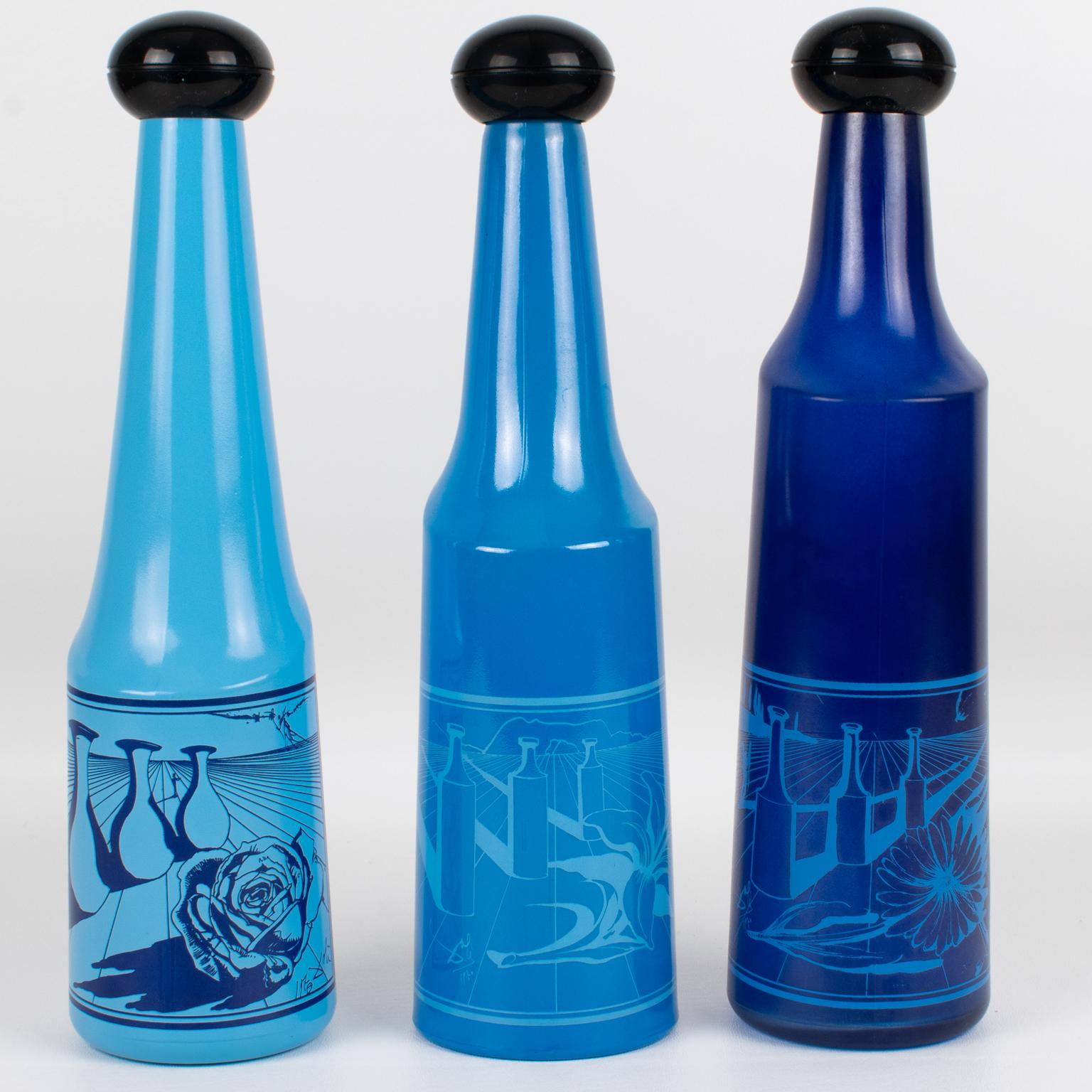 Mid-Century Modern Salvador Dali for Rosso Antico, Blue Glass Bar Bottles, a trio, circa 1970 For Sale