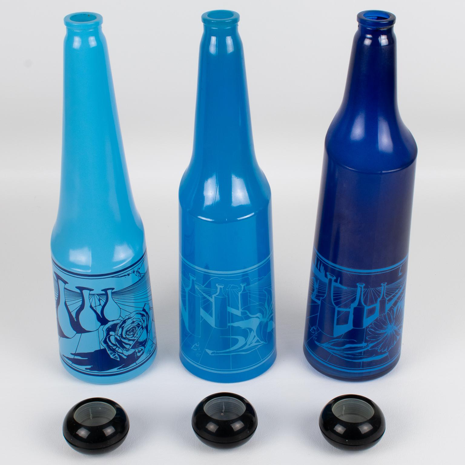 Salvador Dali for Rosso Antico, Blue Glass Bar Bottles, a trio, circa 1970 For Sale 1