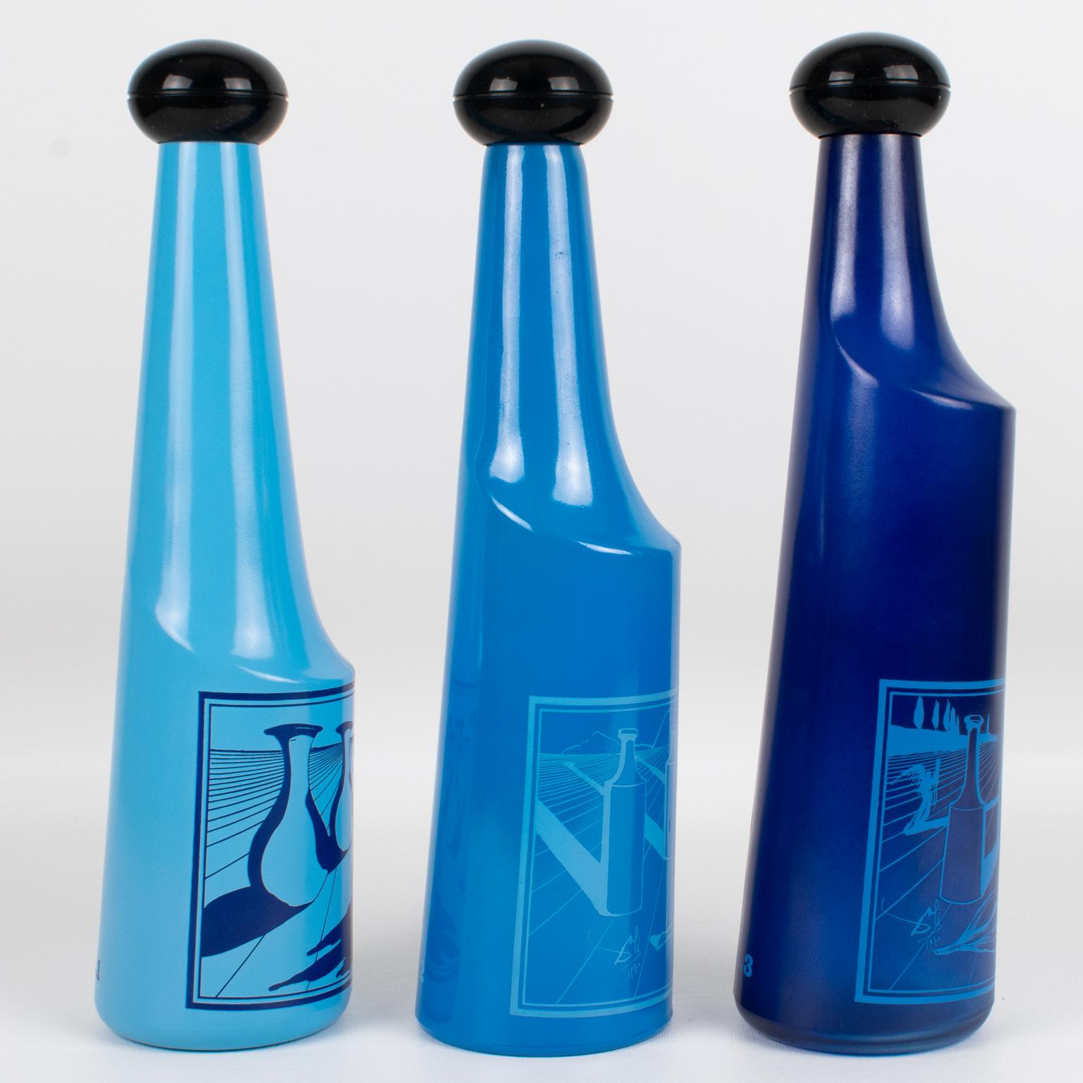 Mid-Century Modern Salvador Dali for Rosso Antico, Blue Glass Barware Bottles Set, Italy 1970s For Sale