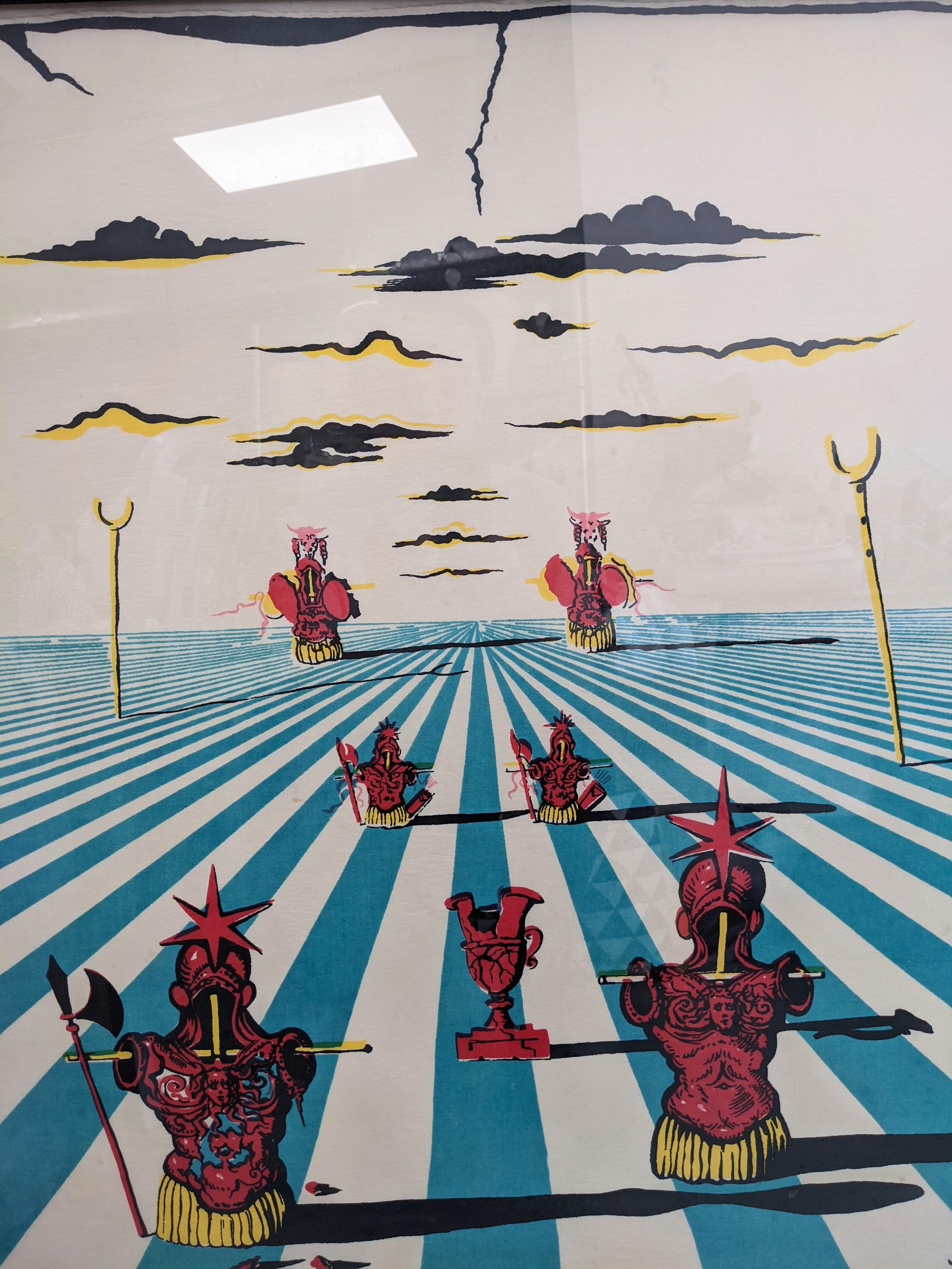 Salvador Dali Scarf framed in black and mounted under glass, for Wesley Simpson circa 1947. Wonderful vibrant colorations depicting a Surrealist landscape with knights pieces, a great addition to any wall.