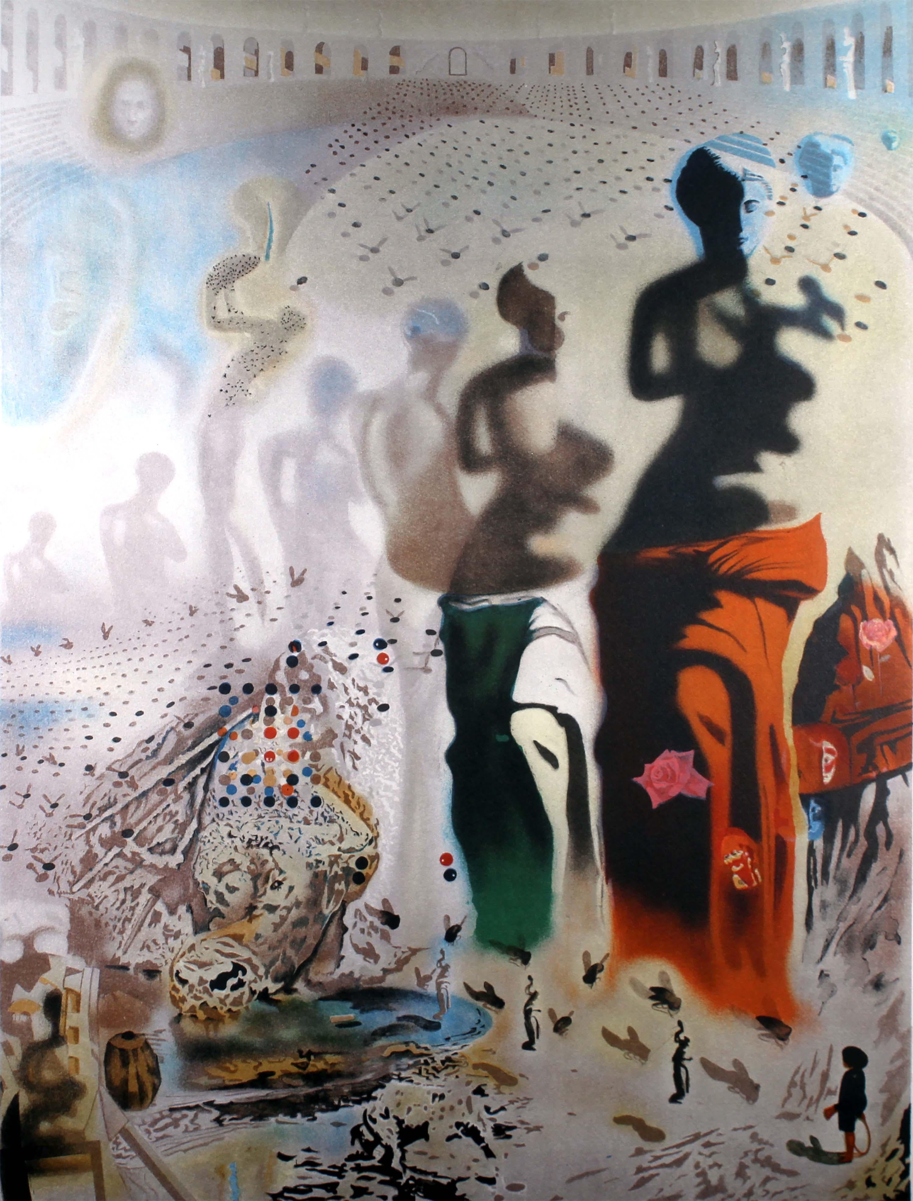 An iconic and mesmerizing lithograph on paper titled “Hallucinogenic Toreador” by Salvador Dali. Hand signed in pencil on the bottom right with an annotation of 157/300 on the bottom left. Published circa 1970s. The original oil painting can be seen