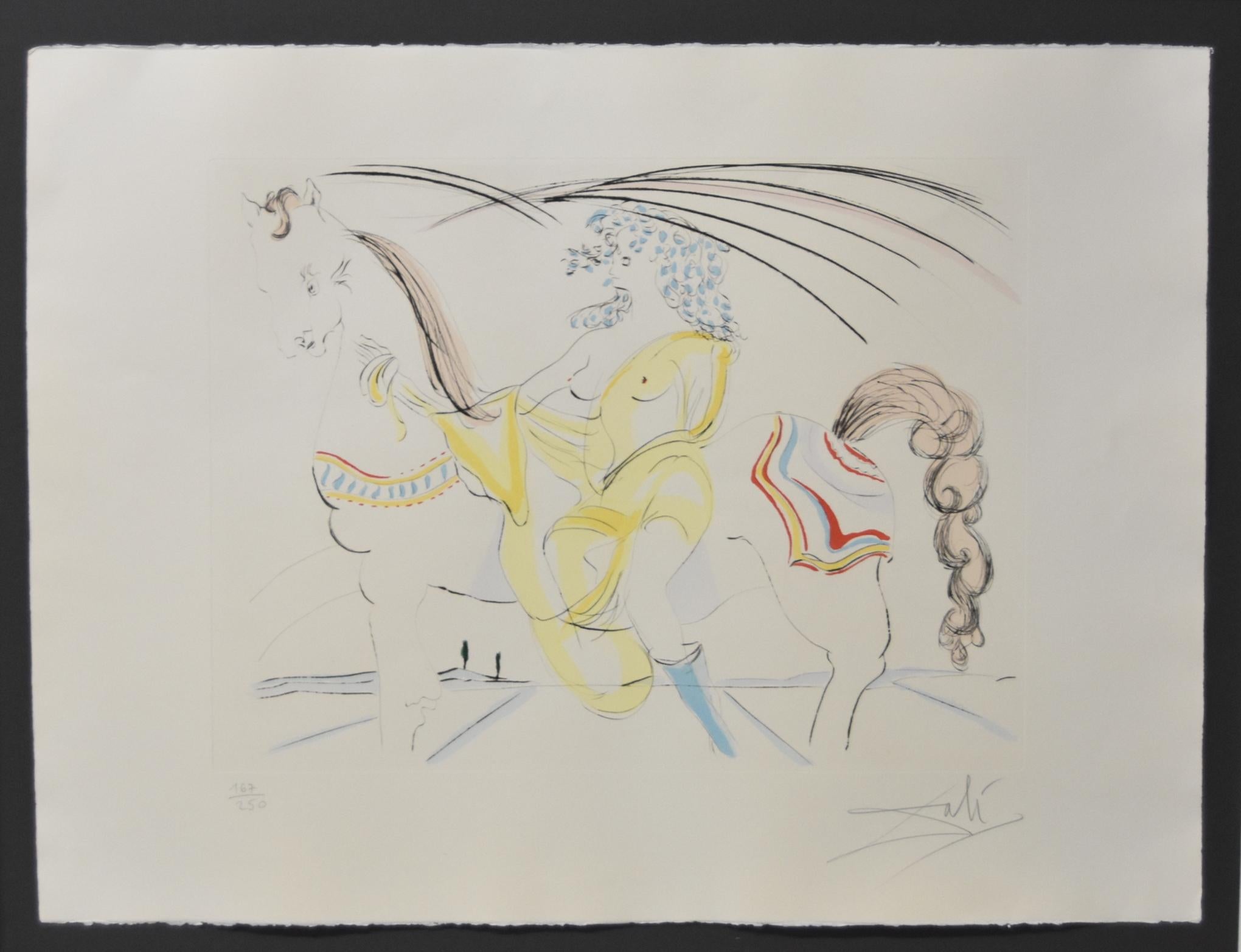 Salvador Dali (1904-1989) France, Spain, surrealist etching on paper. Features a surrealist work depicting a horse with nude female rider. Signed in pencil lower right corner and numbered 167/250. This piece is framed in a silver metal frame with