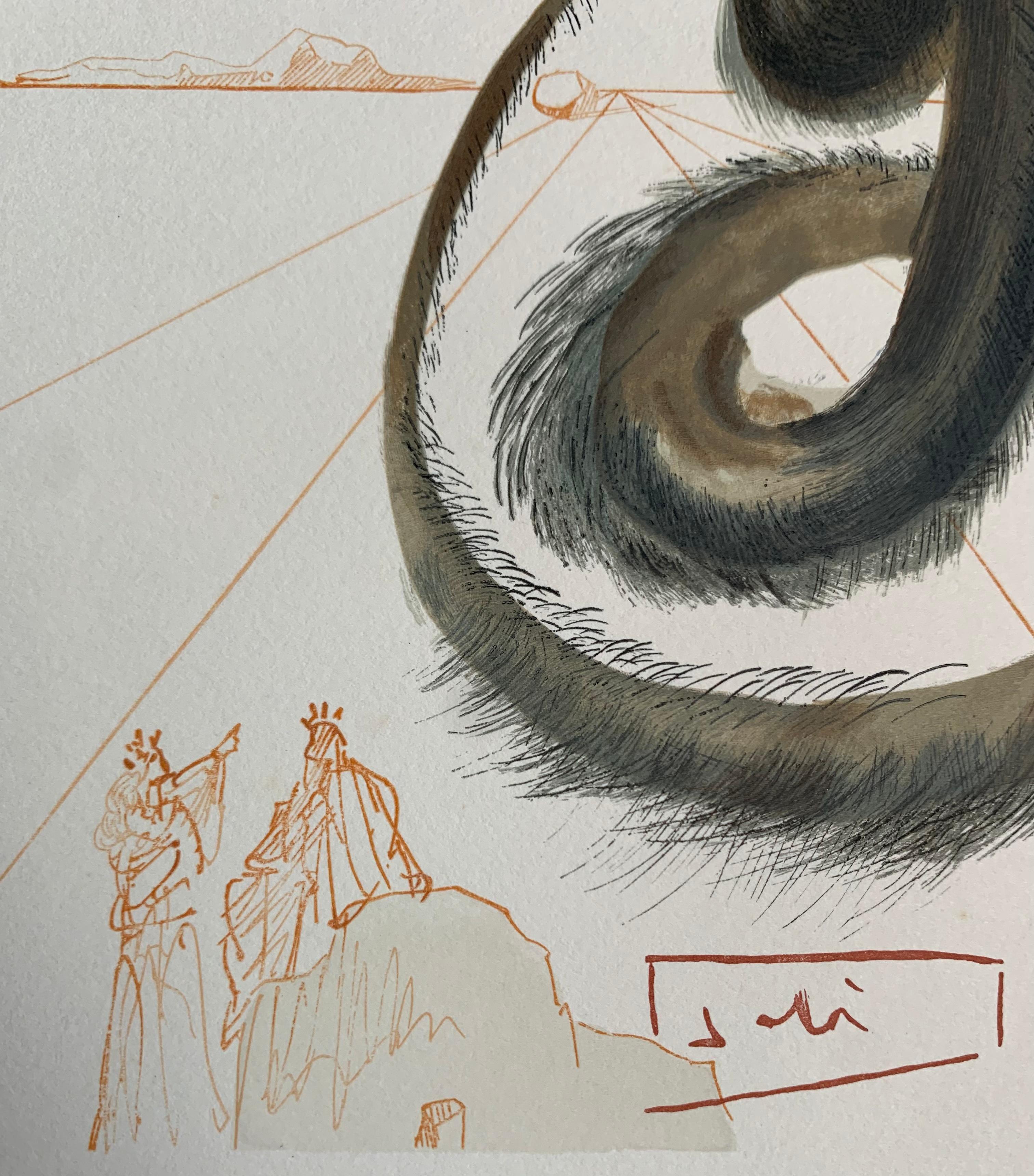 Inferno canto 20 gravure de Salvador Dali. Elle décrit une scène de la Divine comédie de Dante : Et se frappant la tête, il dit : 