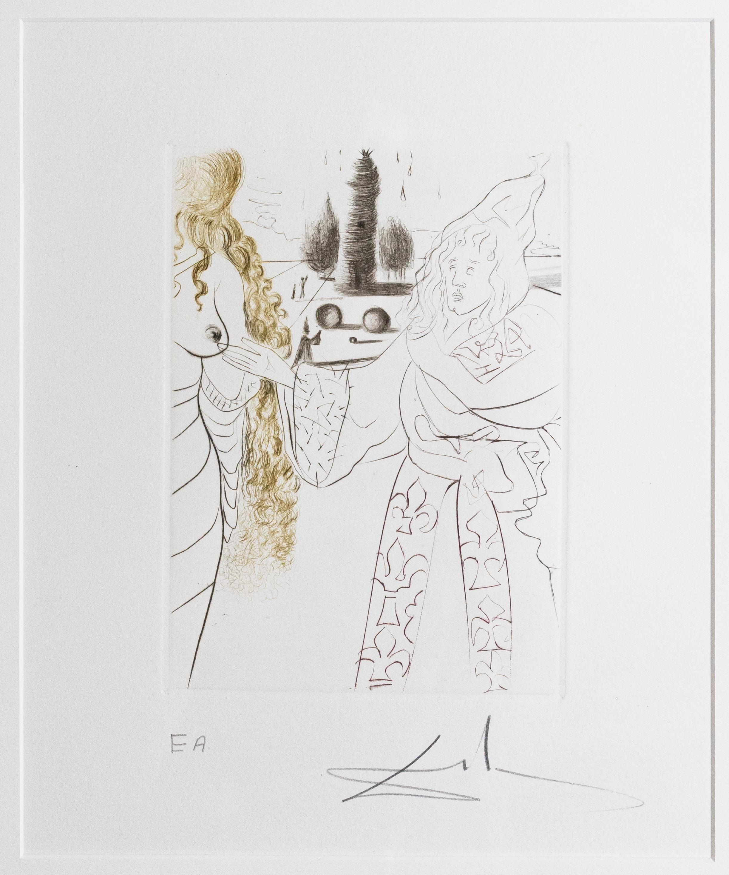 An intriguing etching on paper titled La Femme Adultere (The Woman Taken in Adultery) by Salvador Dali. Hand signed in pencil on the bottom right with an annotation of EA on the bottom left. Published in 1972. From Le Decameron series. Dimensions: