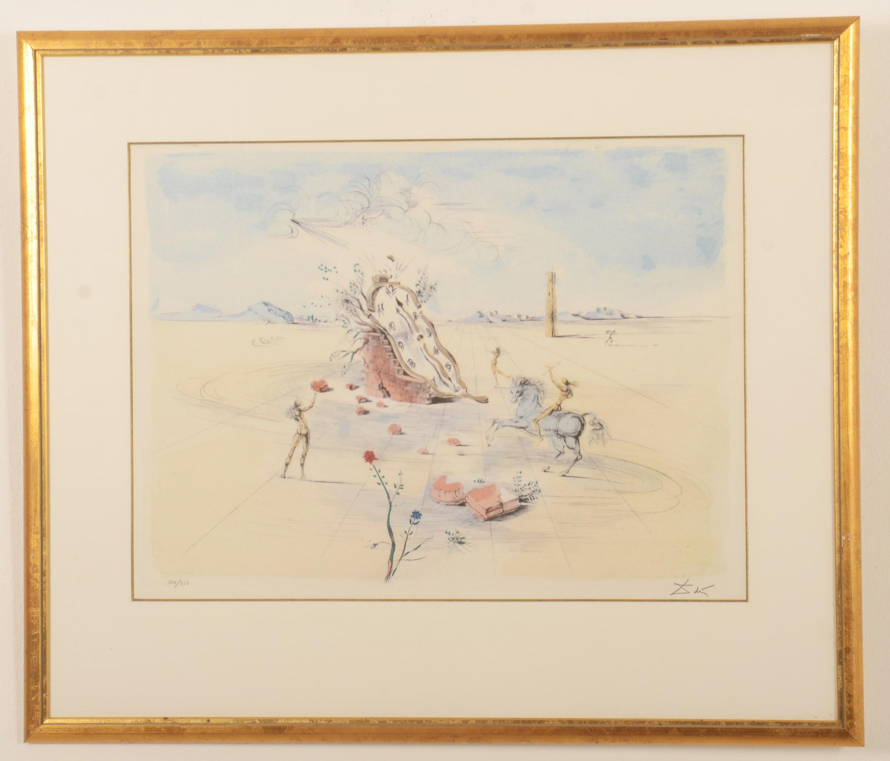 Le Cavalier cosmique (Cosmic Rider), around 1982, hand-signed: Dali, numbered: 104/250 and a stamp next to number, drypoint with pochoir in color, partly hand-colored (watercoloured) and with gold dust on wove paper by Lana, printing plate size