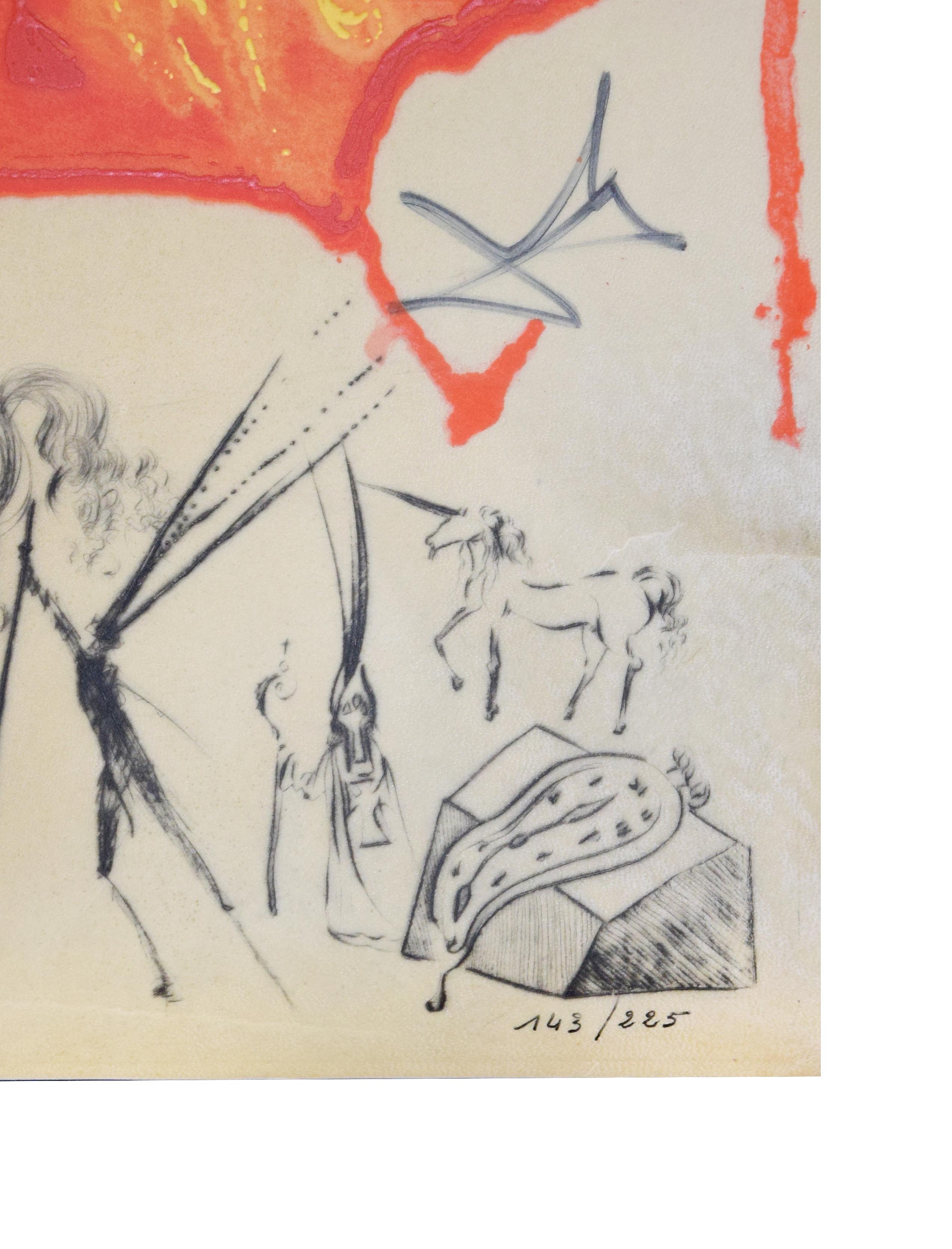 Le Creuset Philosophal is a superb etching with drypoint, lithograph, silkscreen, and collage on parchment by Salvador Dalí. Hand-signed in black pencil on the lower right margin. Hand-numbered in Arab numerals on the lower right. Edition of 225