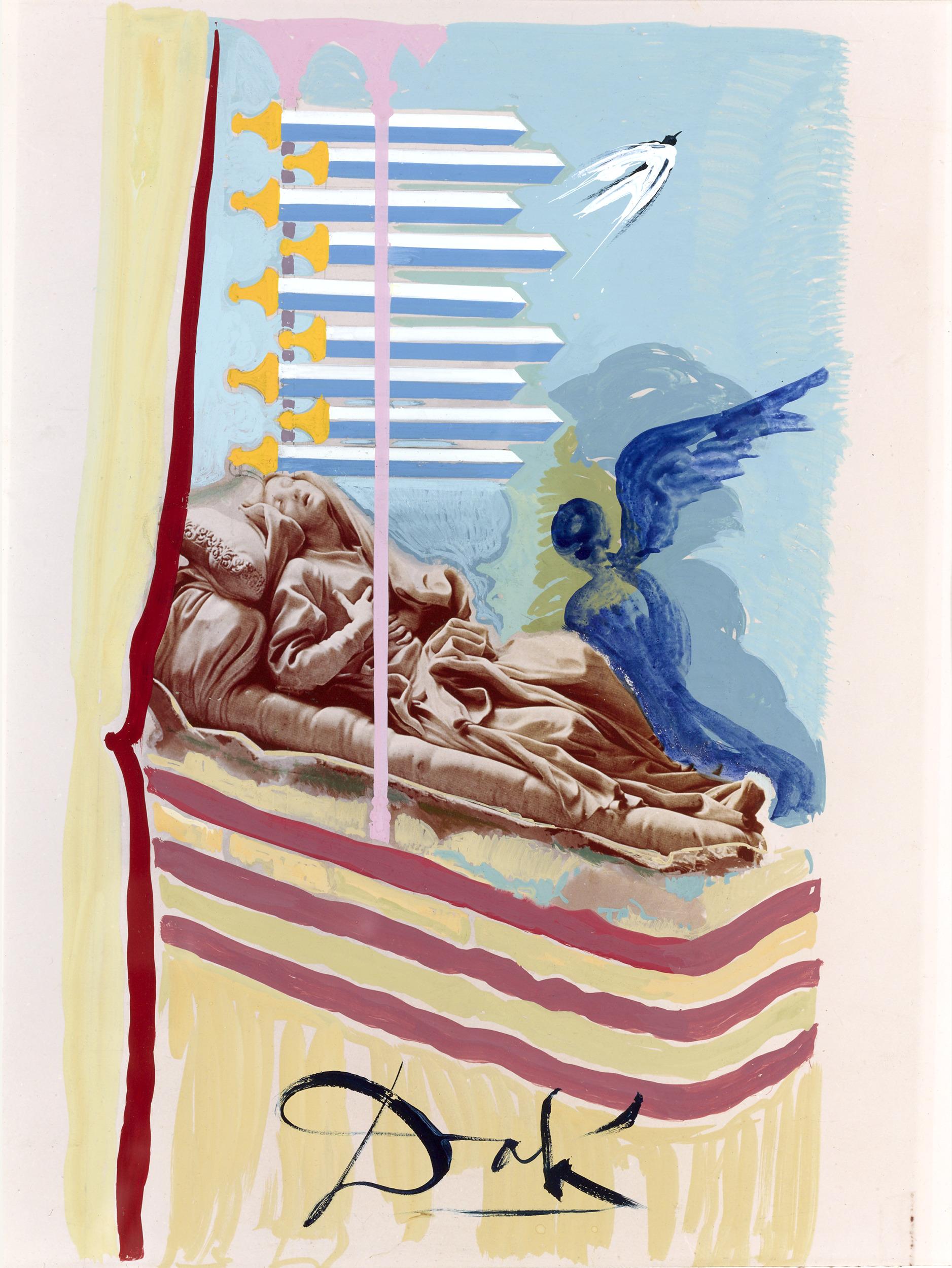 Salvador Dalí
1904-1989  Spagnolo

Nove di Spade

Firmato "Dalí" (in basso al centro)
Guazzo su sfondo fotografico

Rappresentando una miscela unica di spiritualismo e surrealismo, questa gouache proviene dall'affascinante e altamente inventivo