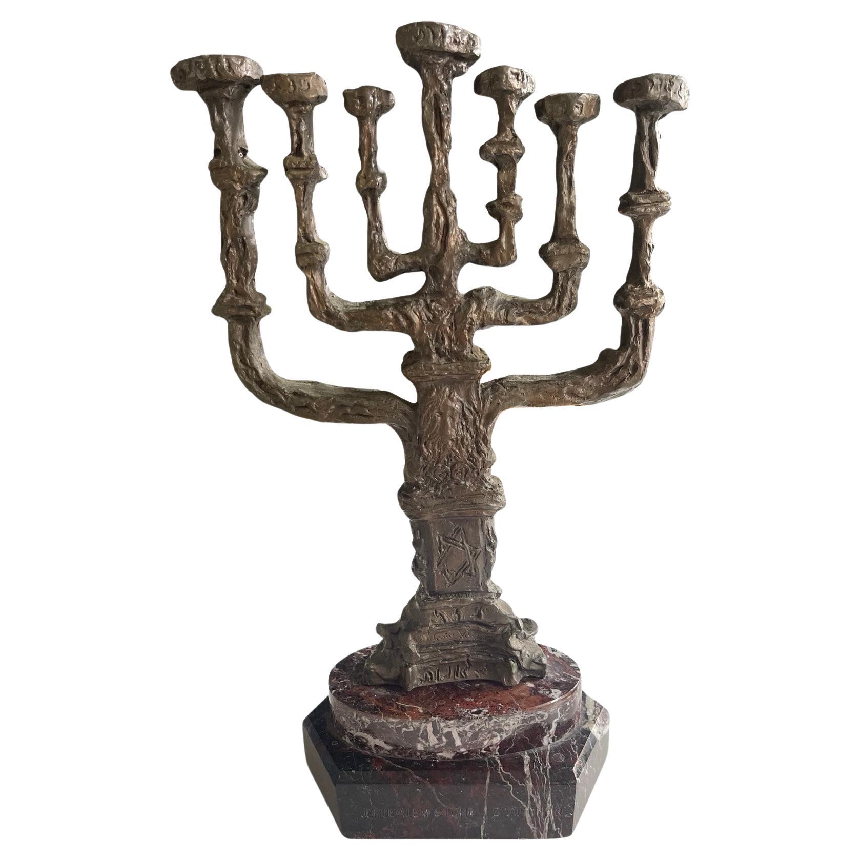 Salvador Dali "Peace" Gilt Bronze Menorah on Jerusalem Stone Base 1980