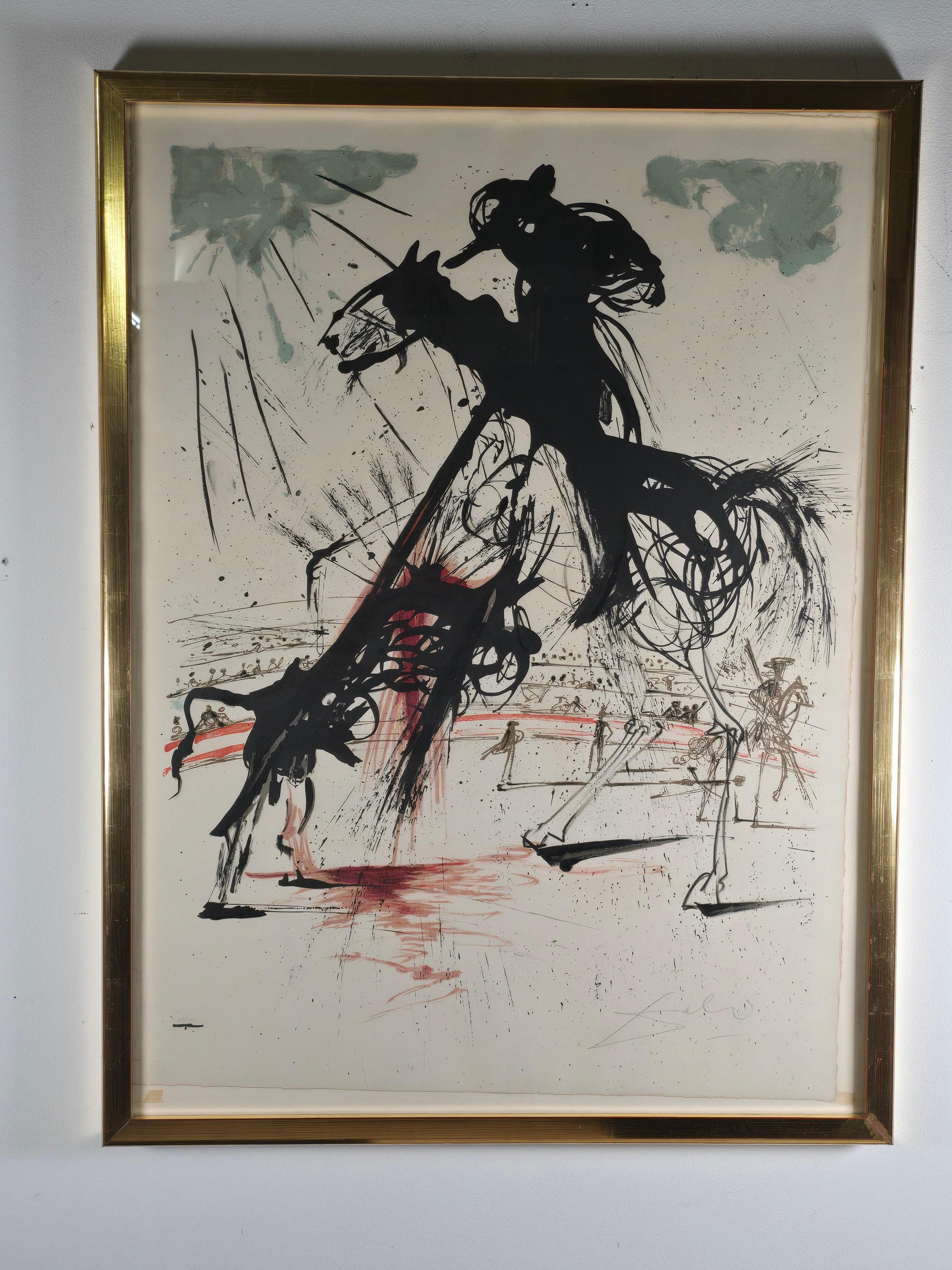 Bullfight No. 5 is a signed limited edition (84/300) original lithograph by Salvador Dali from the Taureaumachie Suite of five original lithographs. Published by Phyllis Lucas 1966. The Matador de toros (Toreno in Spanish), who is the principal