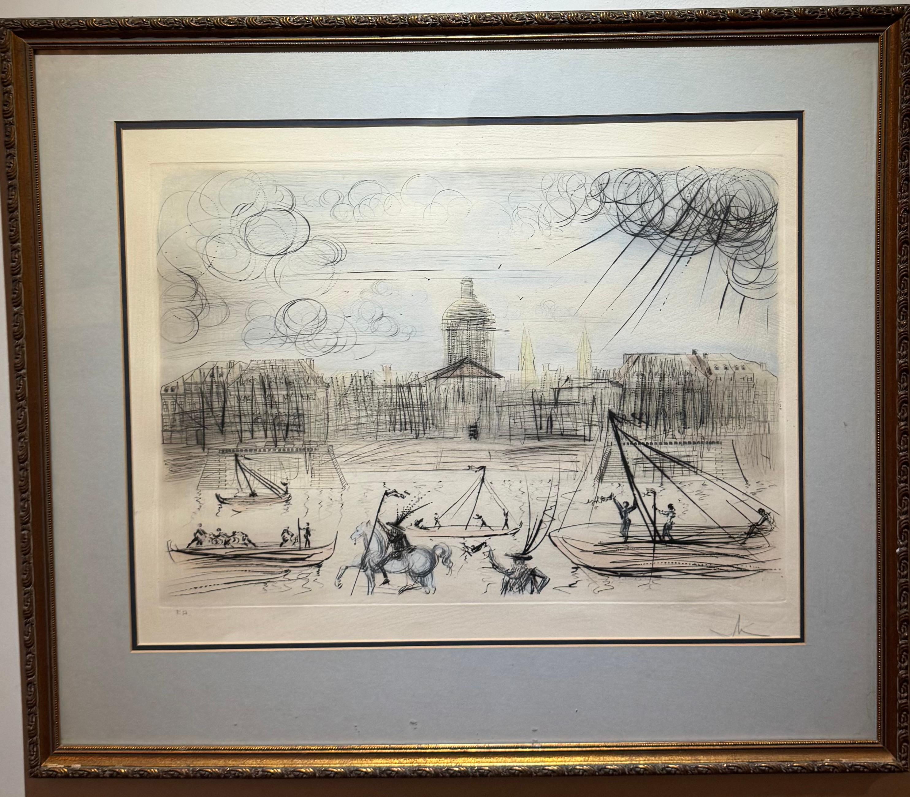 1971 L'Académie de Paris, Pencil Signed EA Colorful Etching - Surréalisme Print par Salvador Dalí