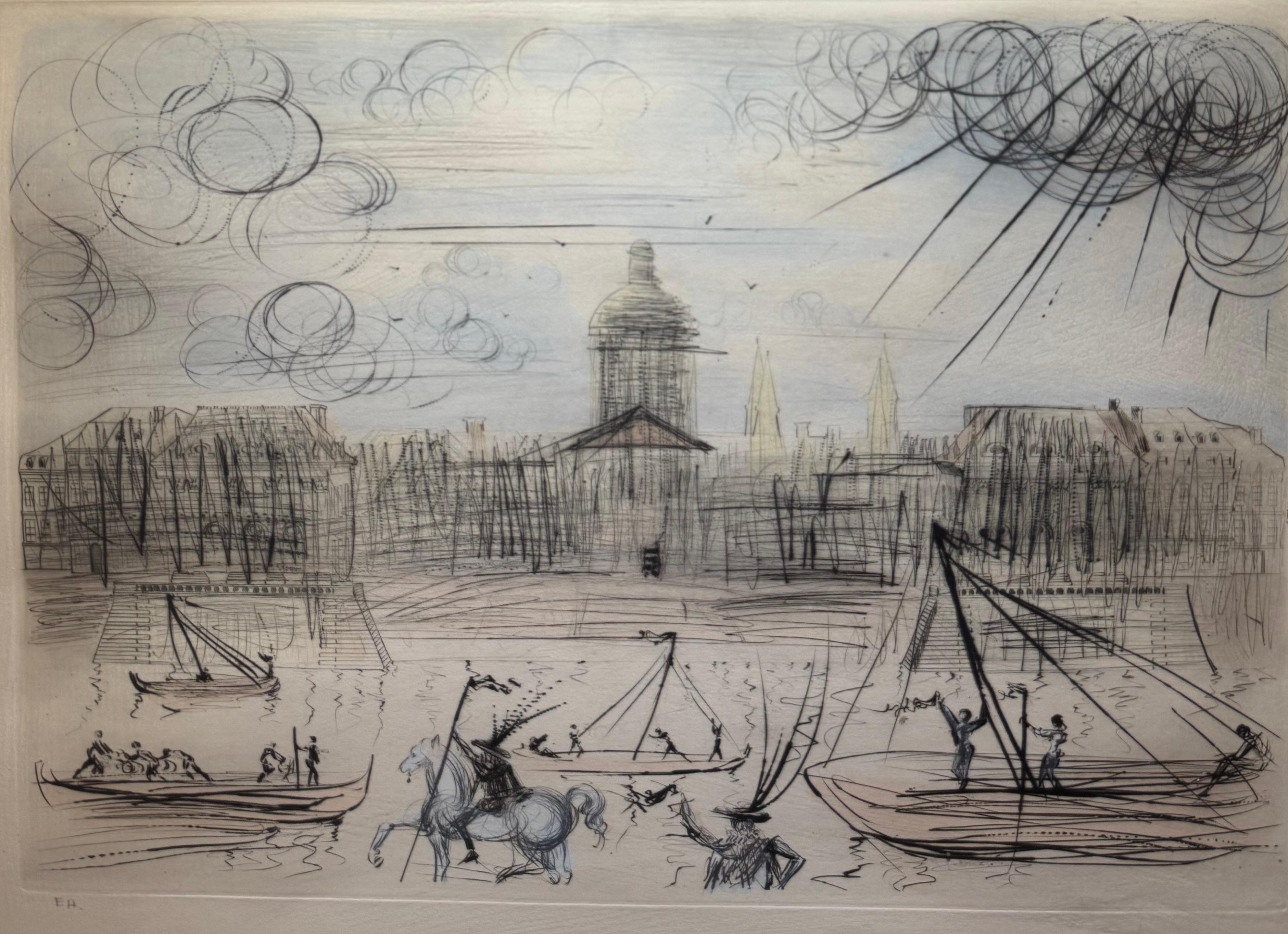 1971 L'Académie de Paris, Pencil Signed EA Colorful Etching - Gris Landscape Print par Salvador Dalí