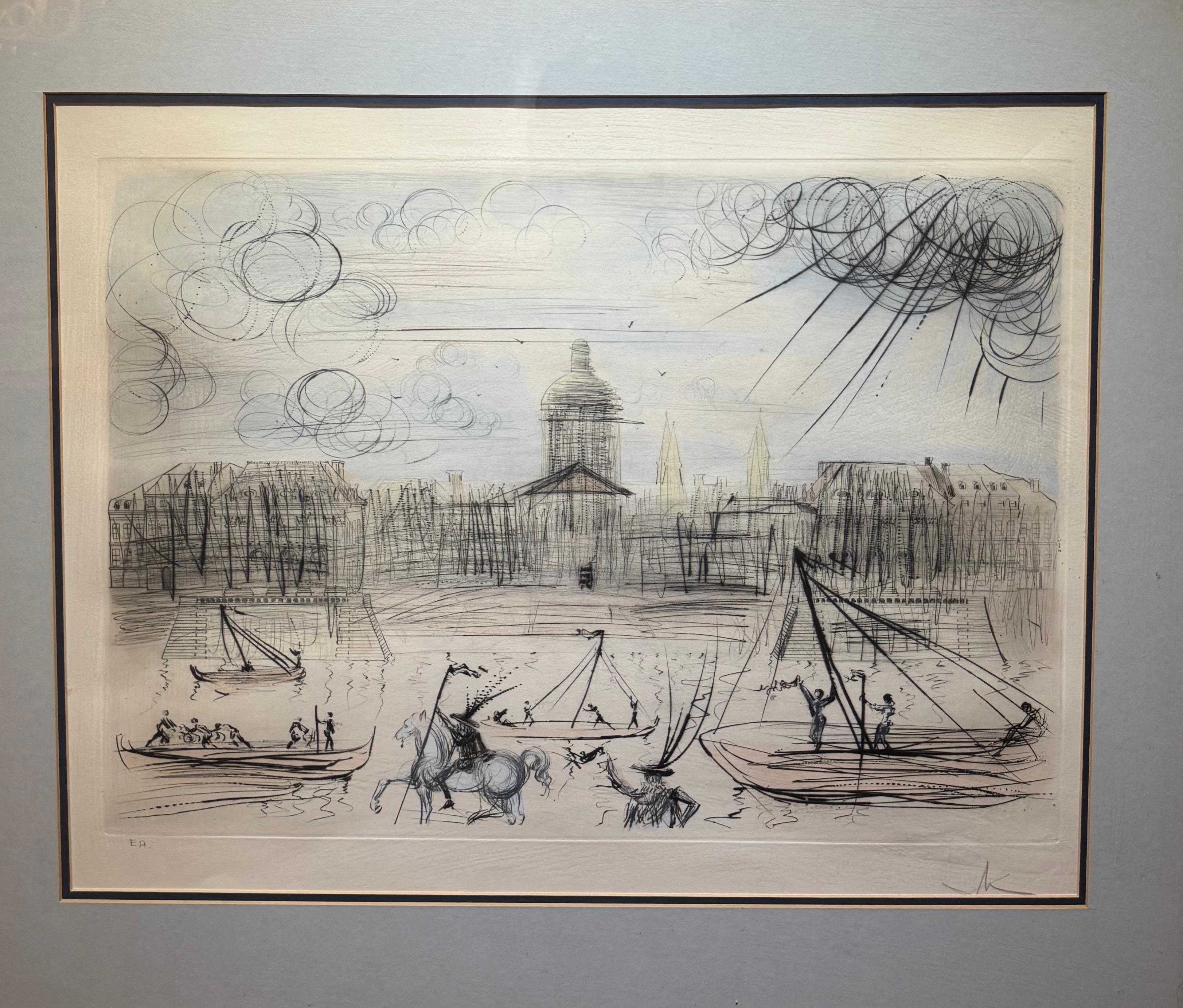 Landscape Print Salvador Dalí - 1971 L
Académie de Paris, Pencil Signed EA Colorful Etching