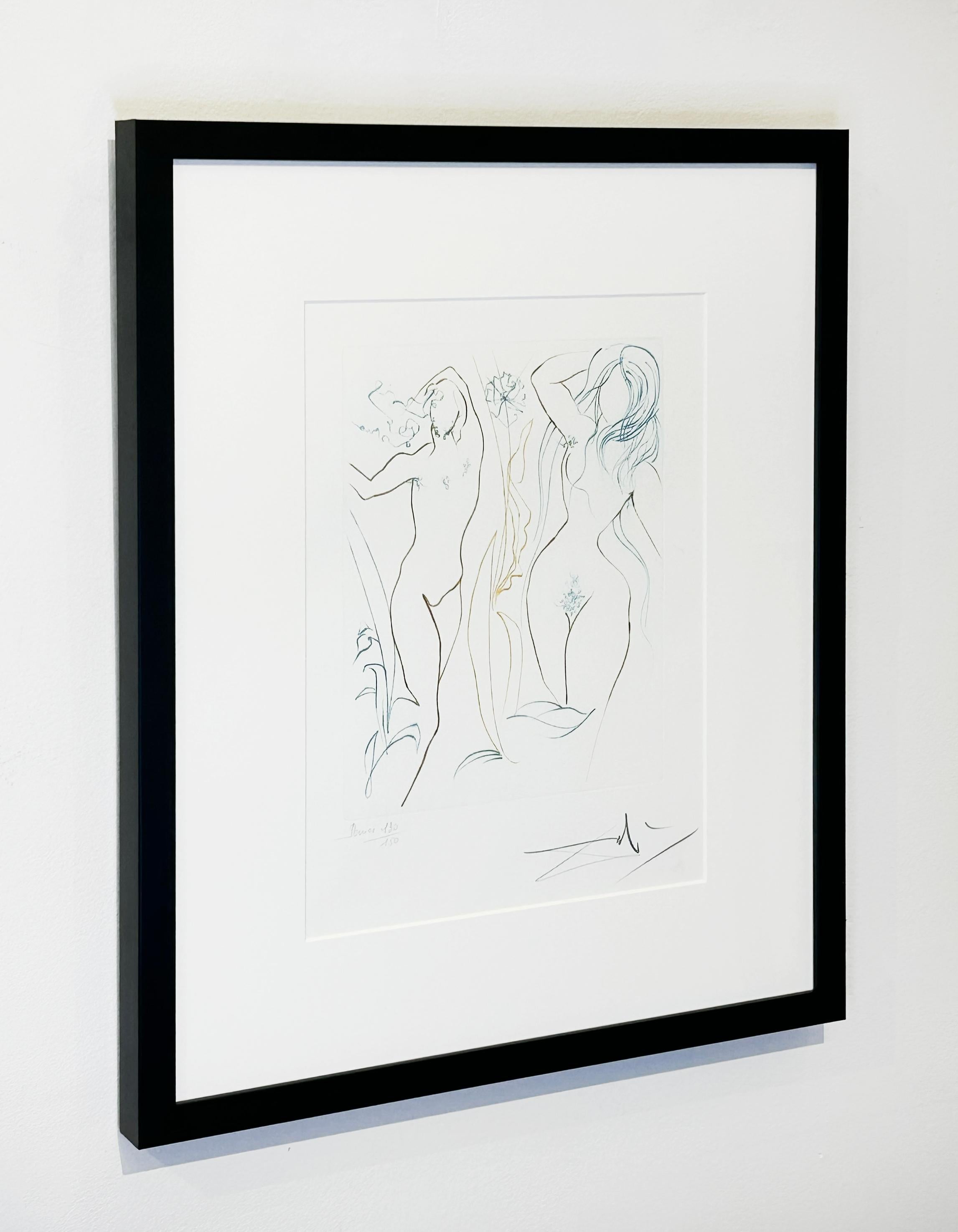 Artist:  Dali, Salvador
Title:  Adam and Eve
Series:  Le Paradis Terrestre
Date:  1974
Medium:  drypoint printed in color
Unframed Dimensions: 10.5